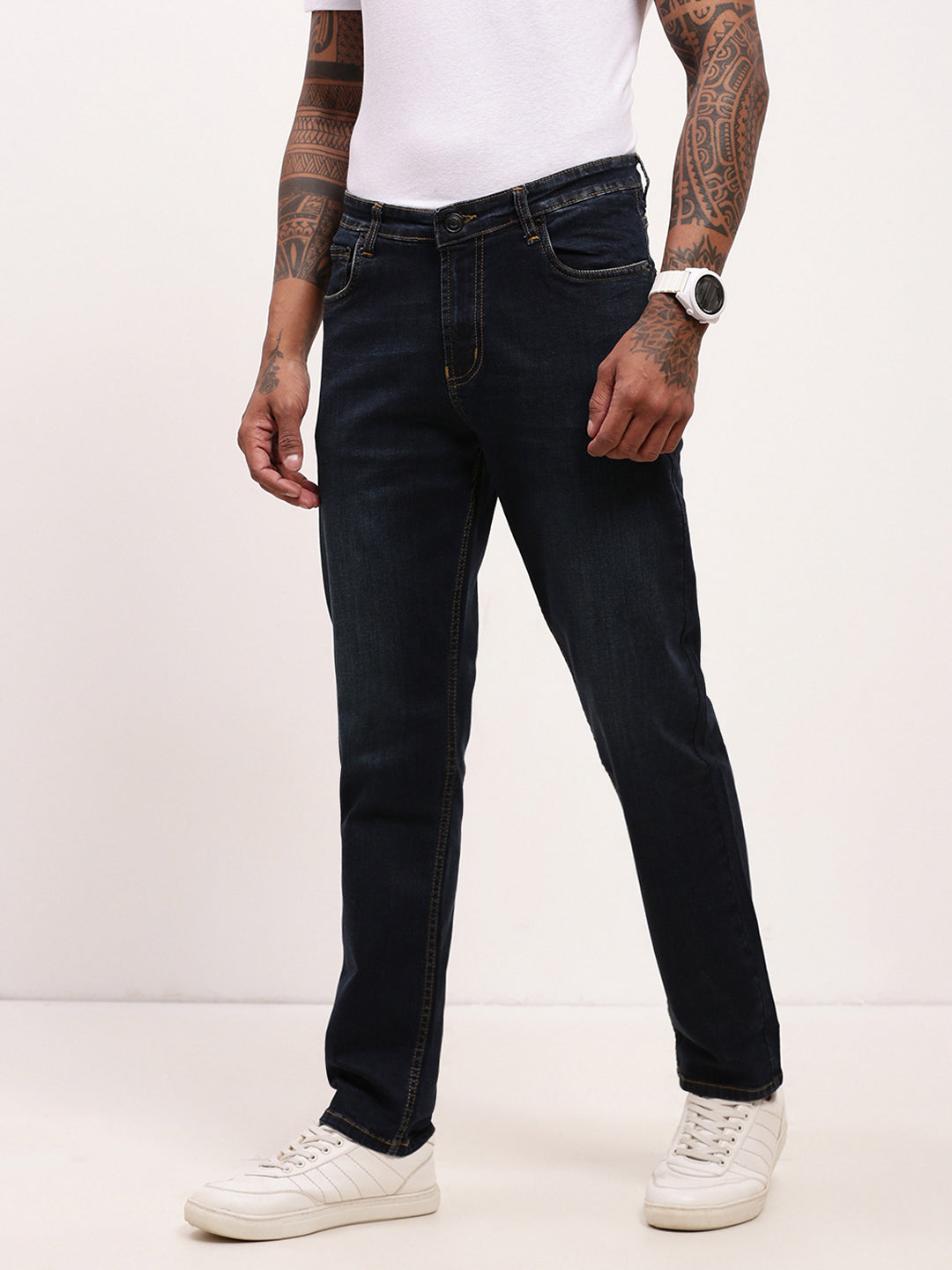 Men Navy Blue Solid Straight Fit Jeans