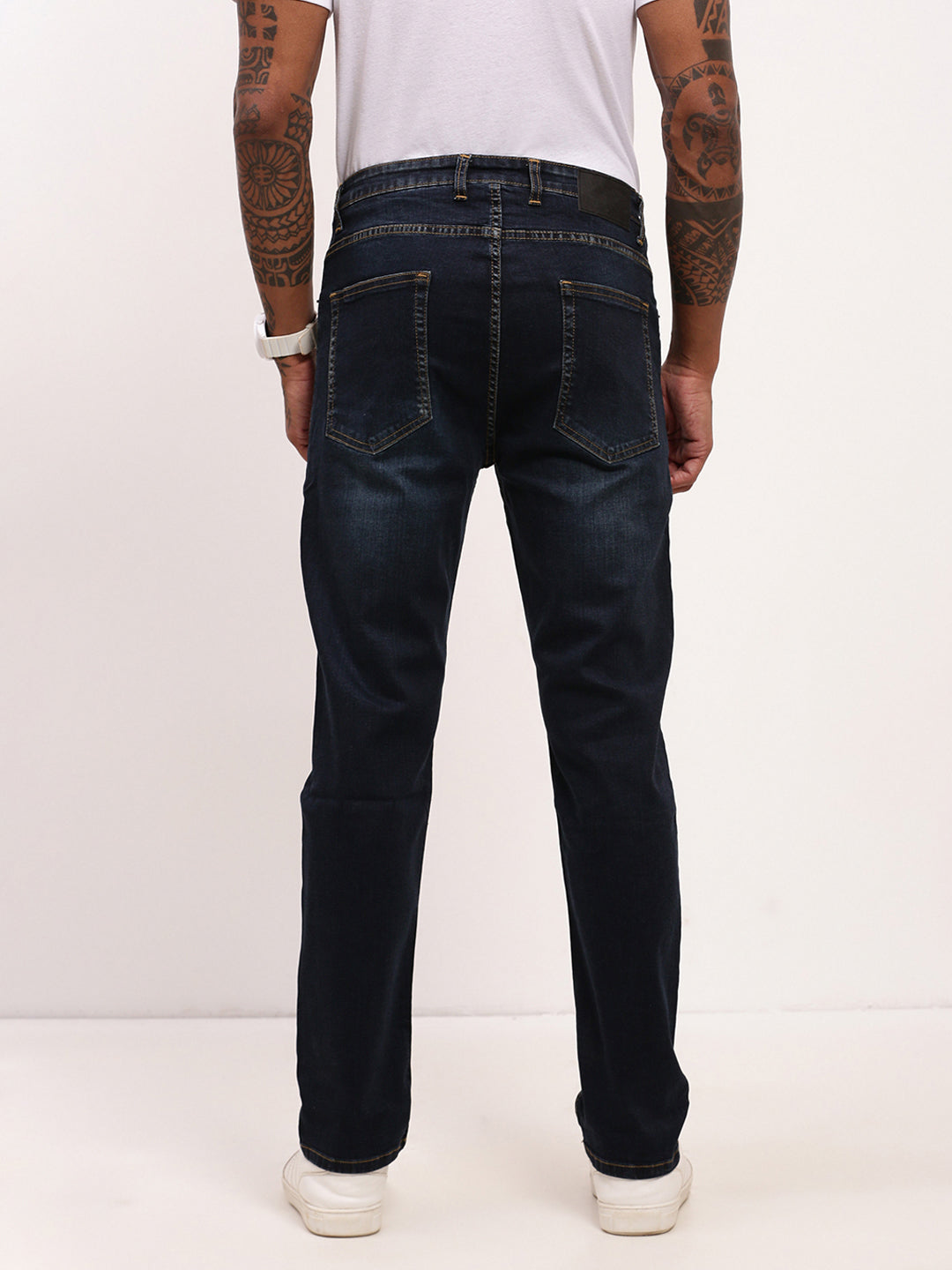 Men Navy Blue Solid Straight Fit Jeans