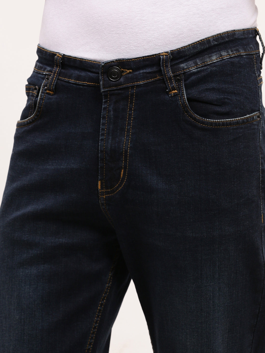 Men Navy Blue Solid Straight Fit Jeans