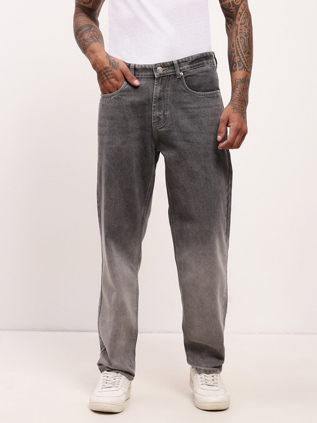 Men Grey Solid Straight Fit Jeans