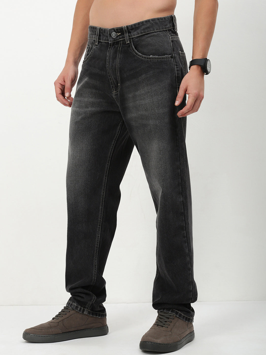 Men Grey Solid Straight Fit Jeans