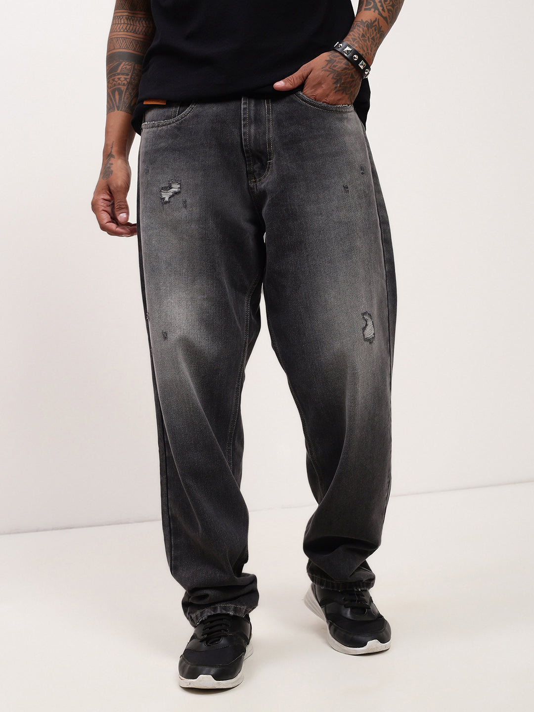 Men Grey Solid Baggy Jeans