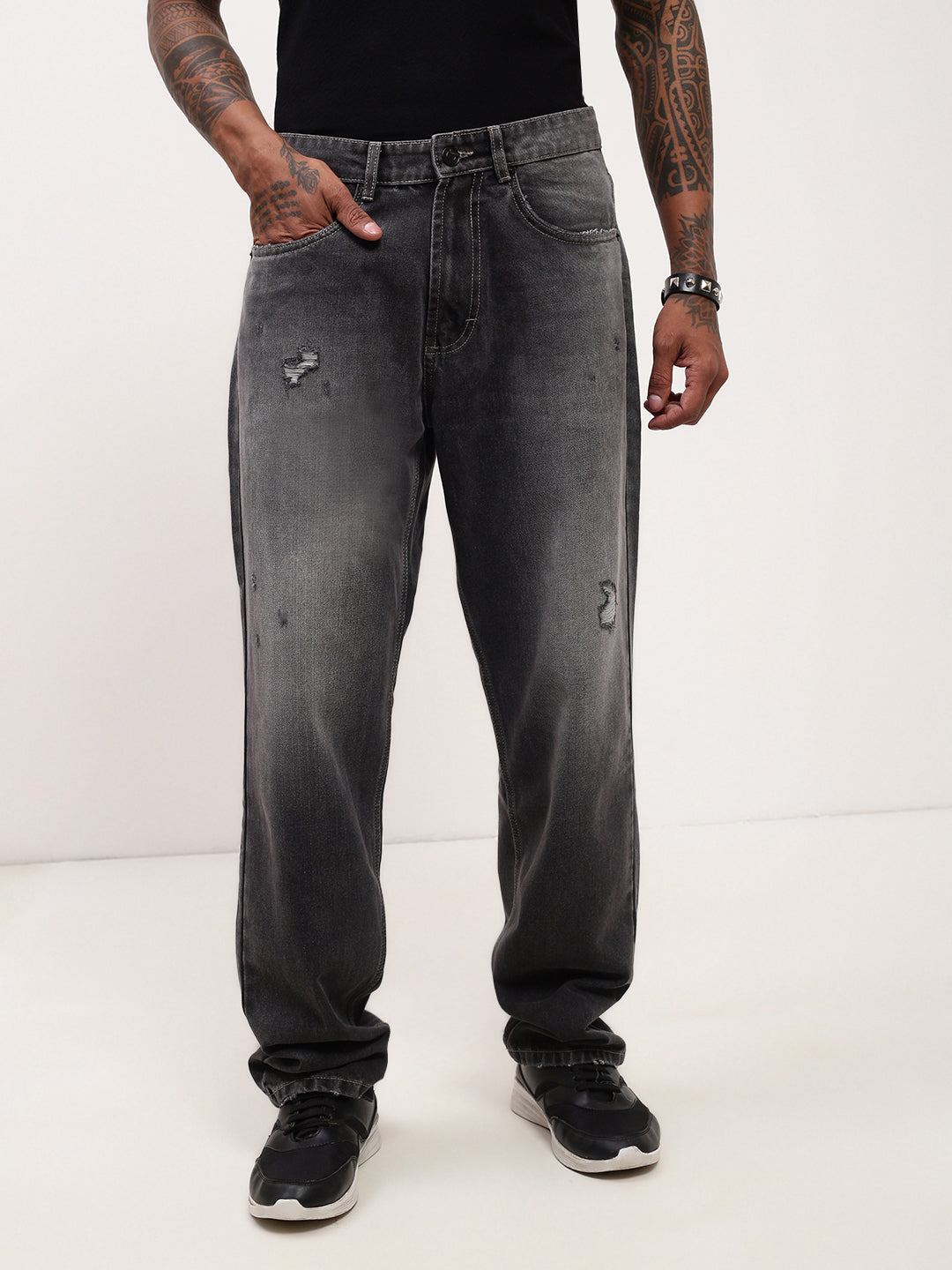 Men Grey Solid Baggy Jeans