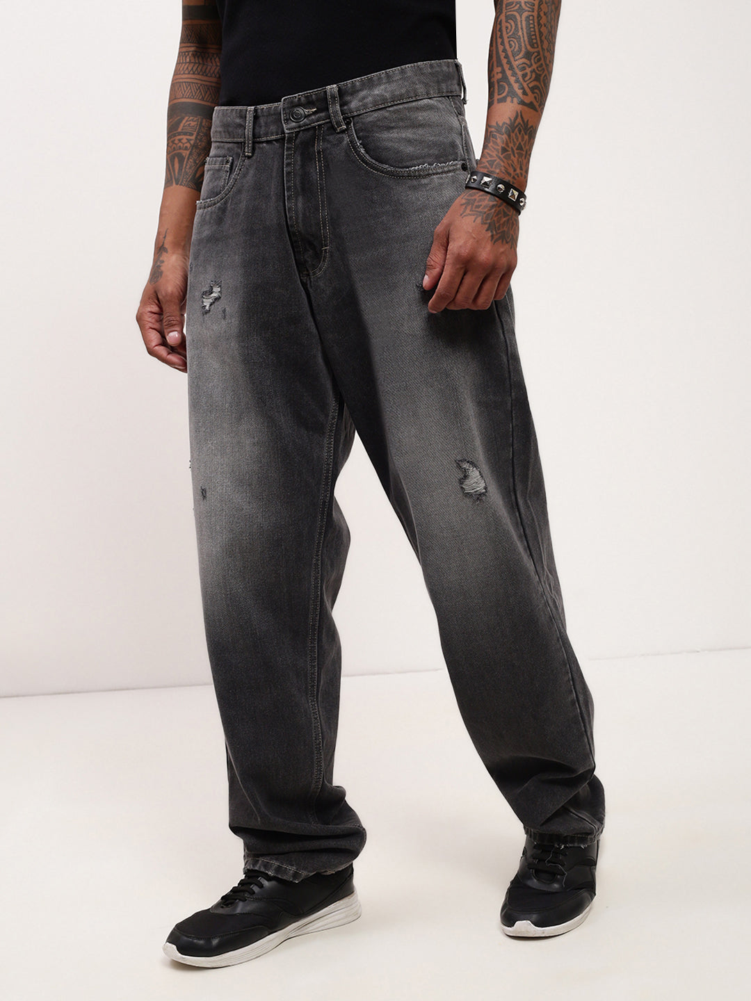 Men Grey Solid Baggy Jeans