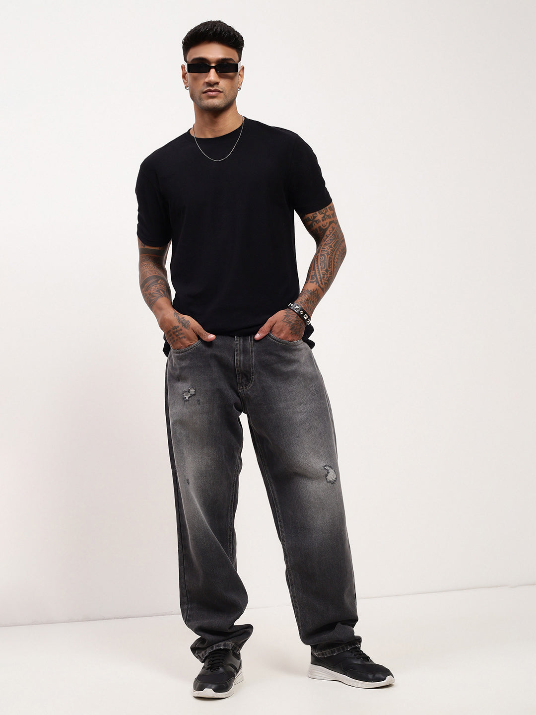 Men Grey Solid Baggy Jeans