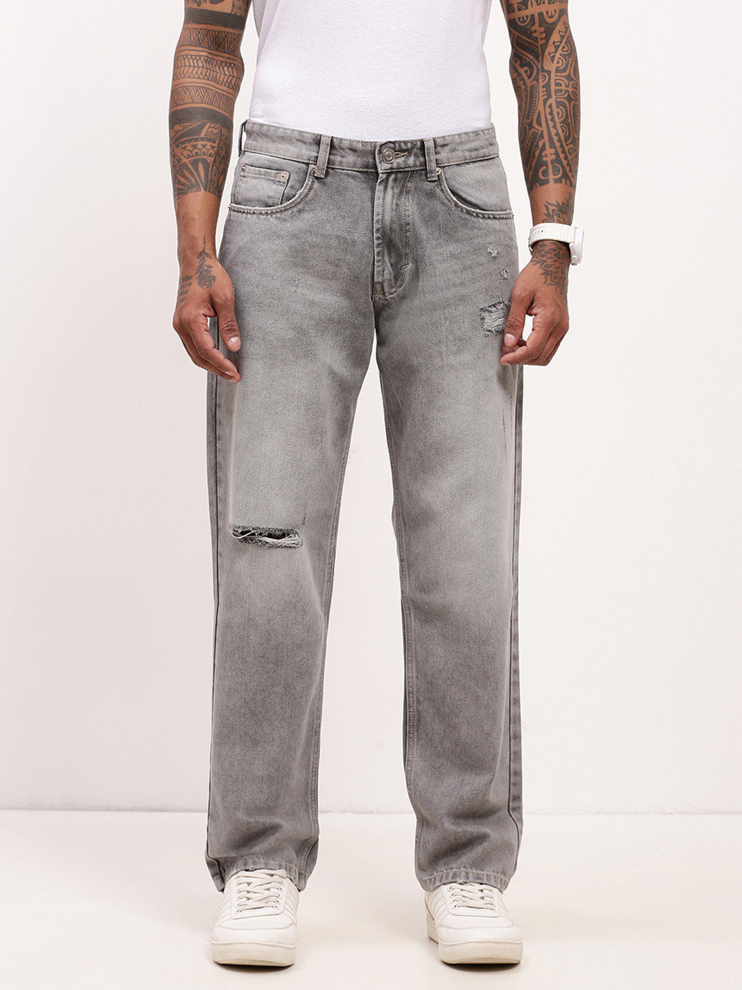 Men Grey Solid Straight Fit Jeans