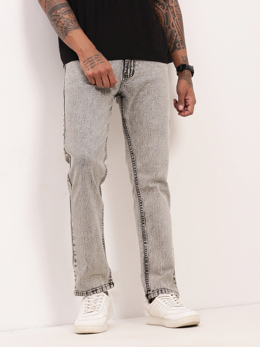 Men Grey Solid Straight Fit Jeans