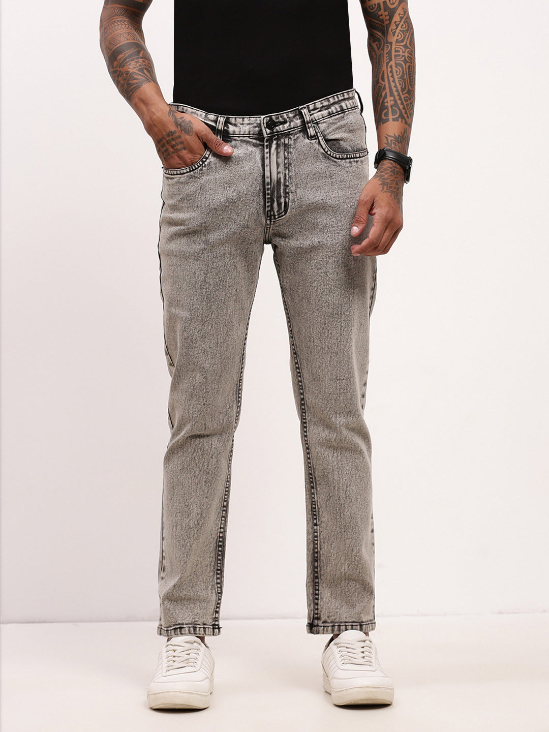 Men Grey Solid Straight Fit Jeans