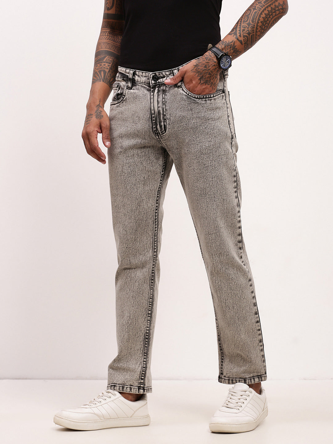 Men Grey Solid Straight Fit Jeans