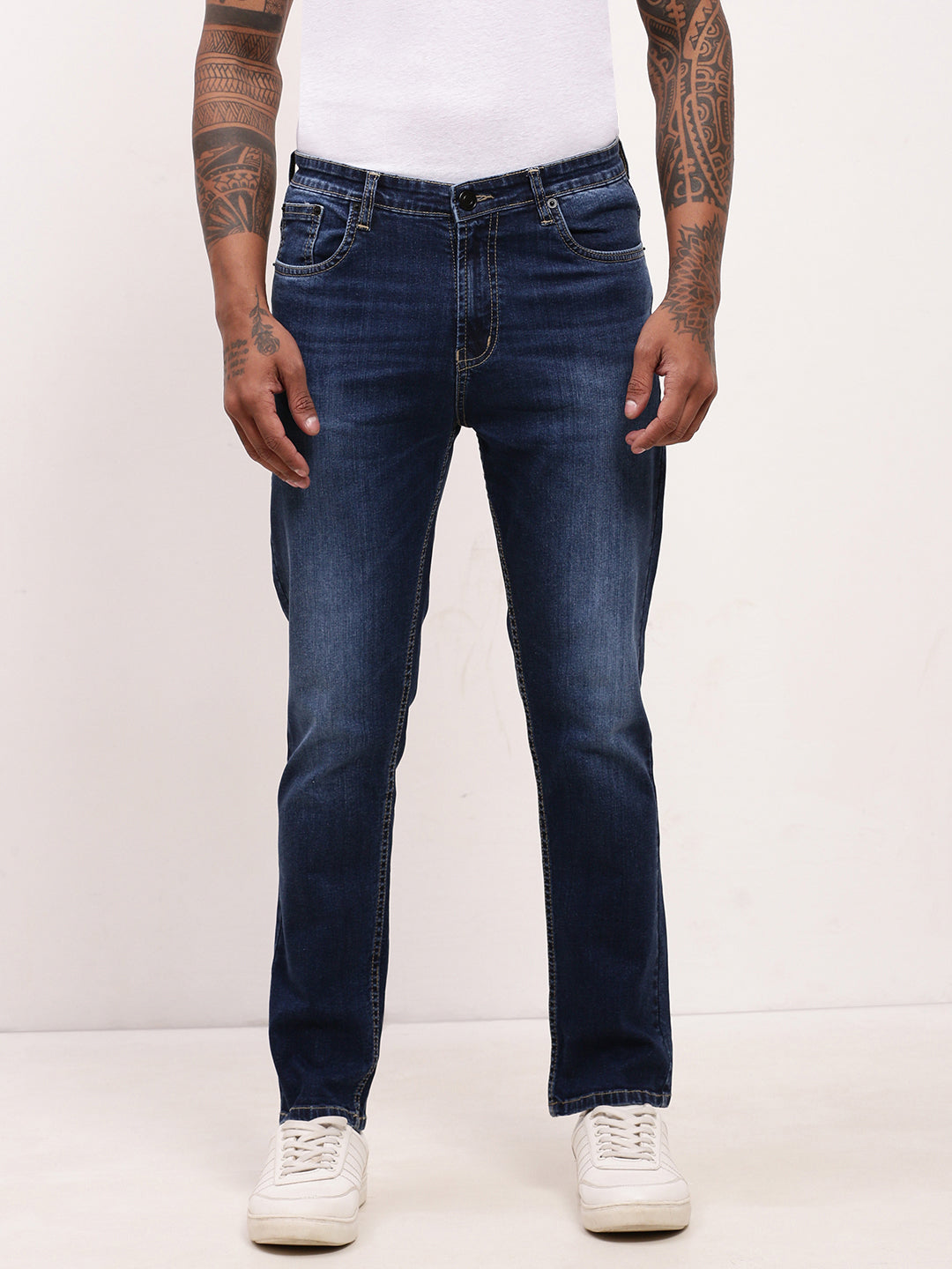 Men Navy Blue Solid Straight Fit Jeans