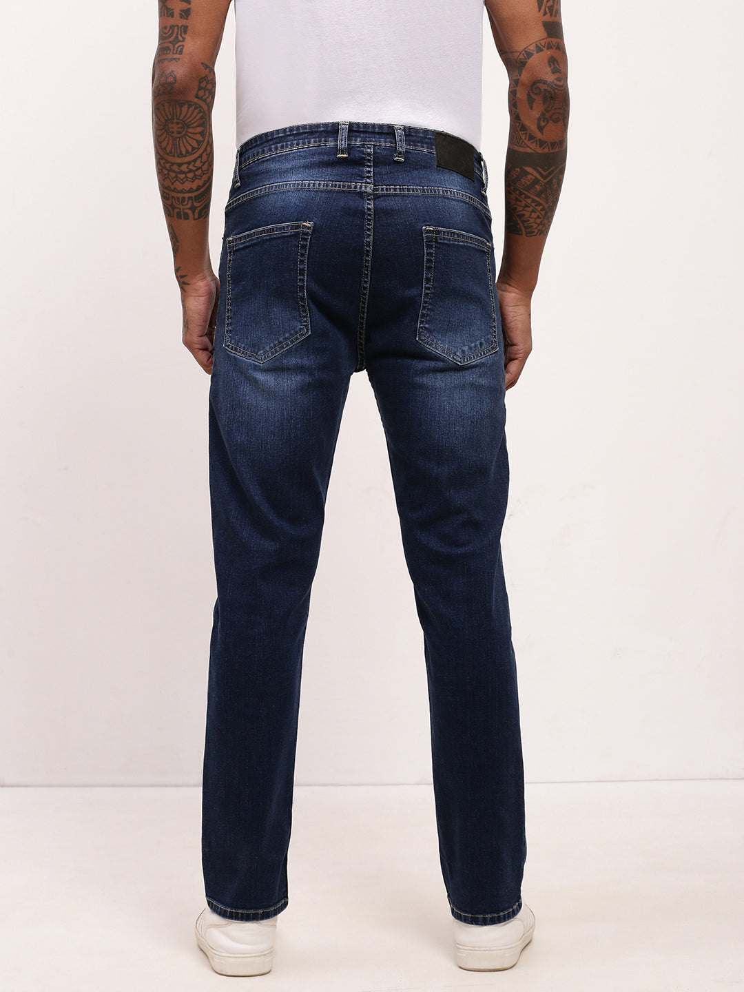 Men Navy Blue Solid Straight Fit Jeans