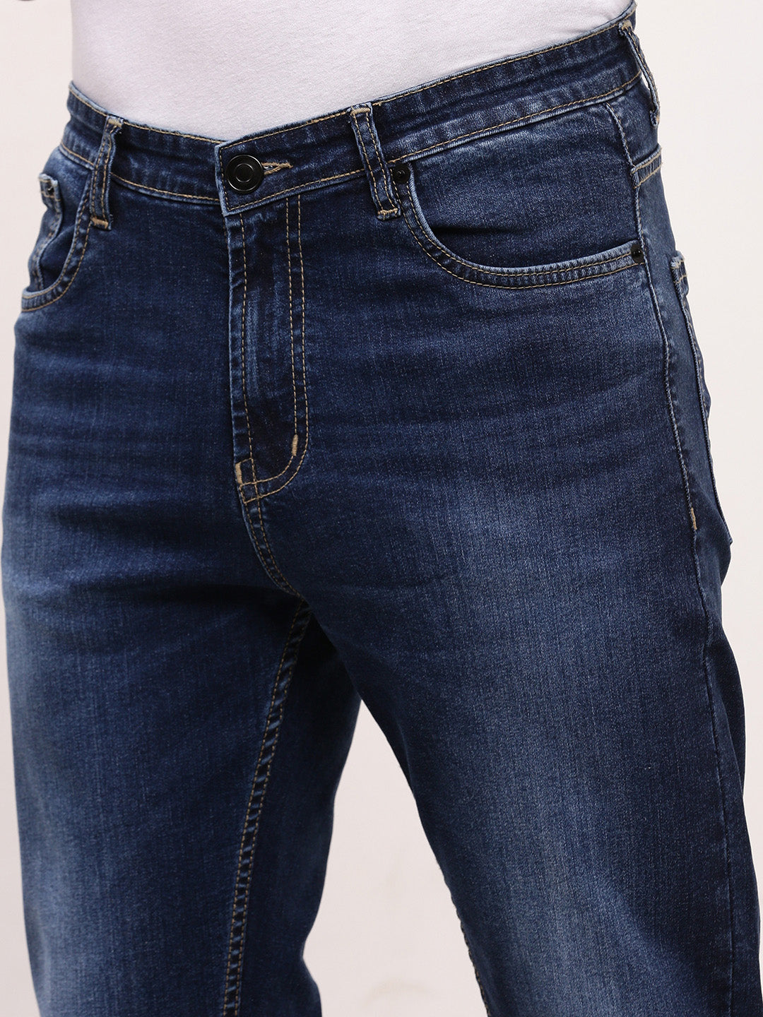 Men Navy Blue Solid Straight Fit Jeans