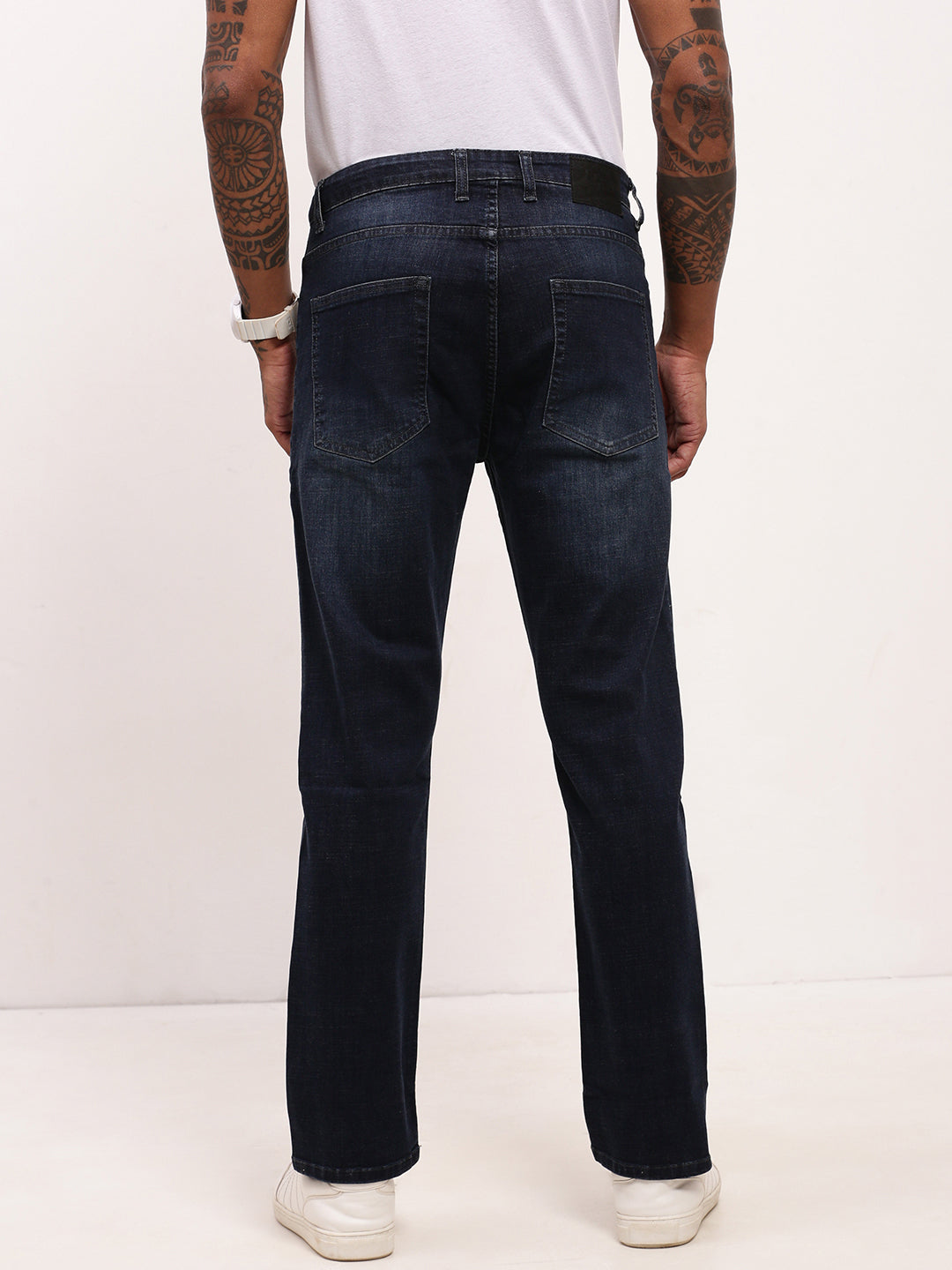 Men Navy Blue Solid Straight Fit Jeans