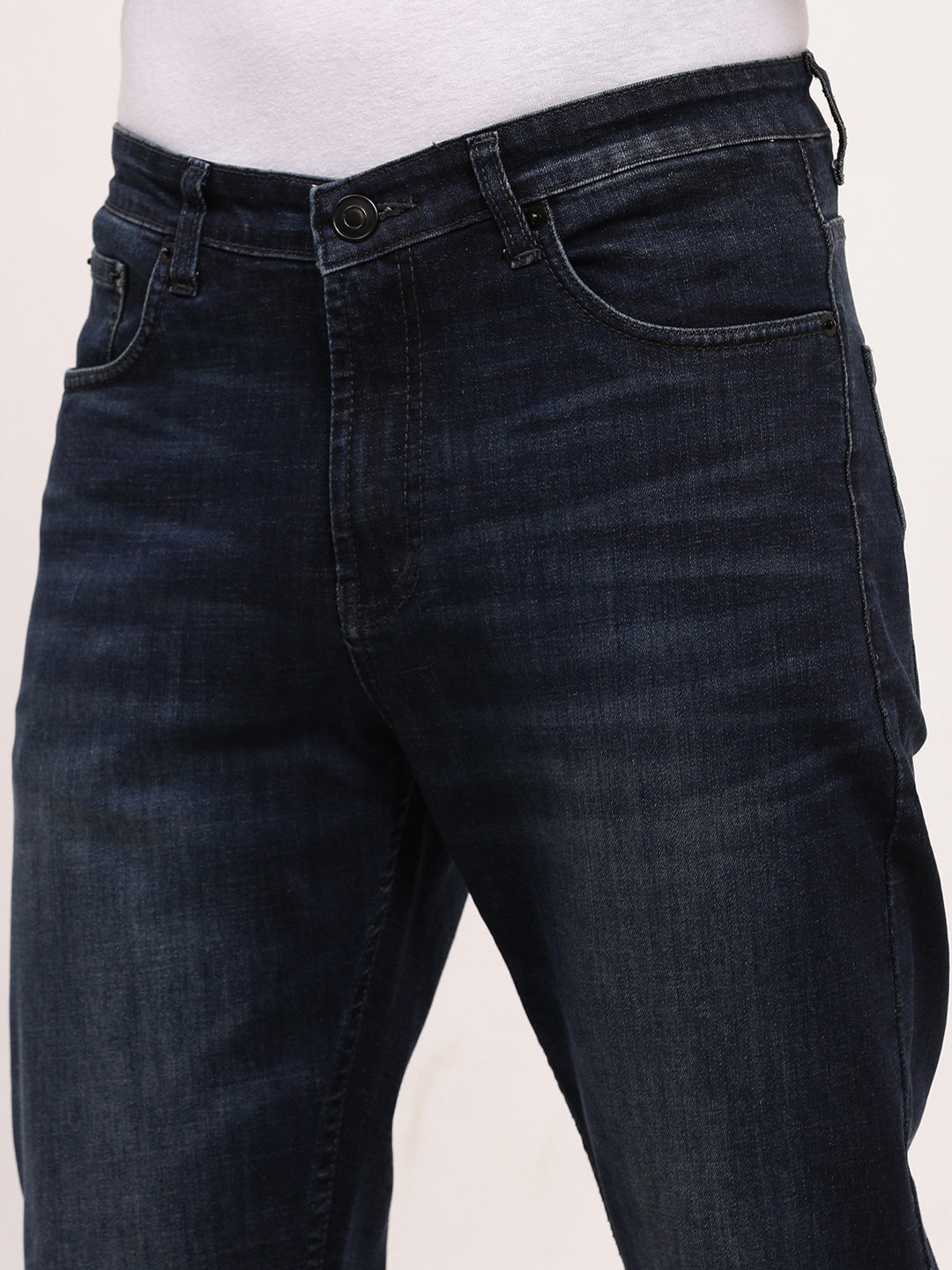 Men Navy Blue Solid Straight Fit Jeans