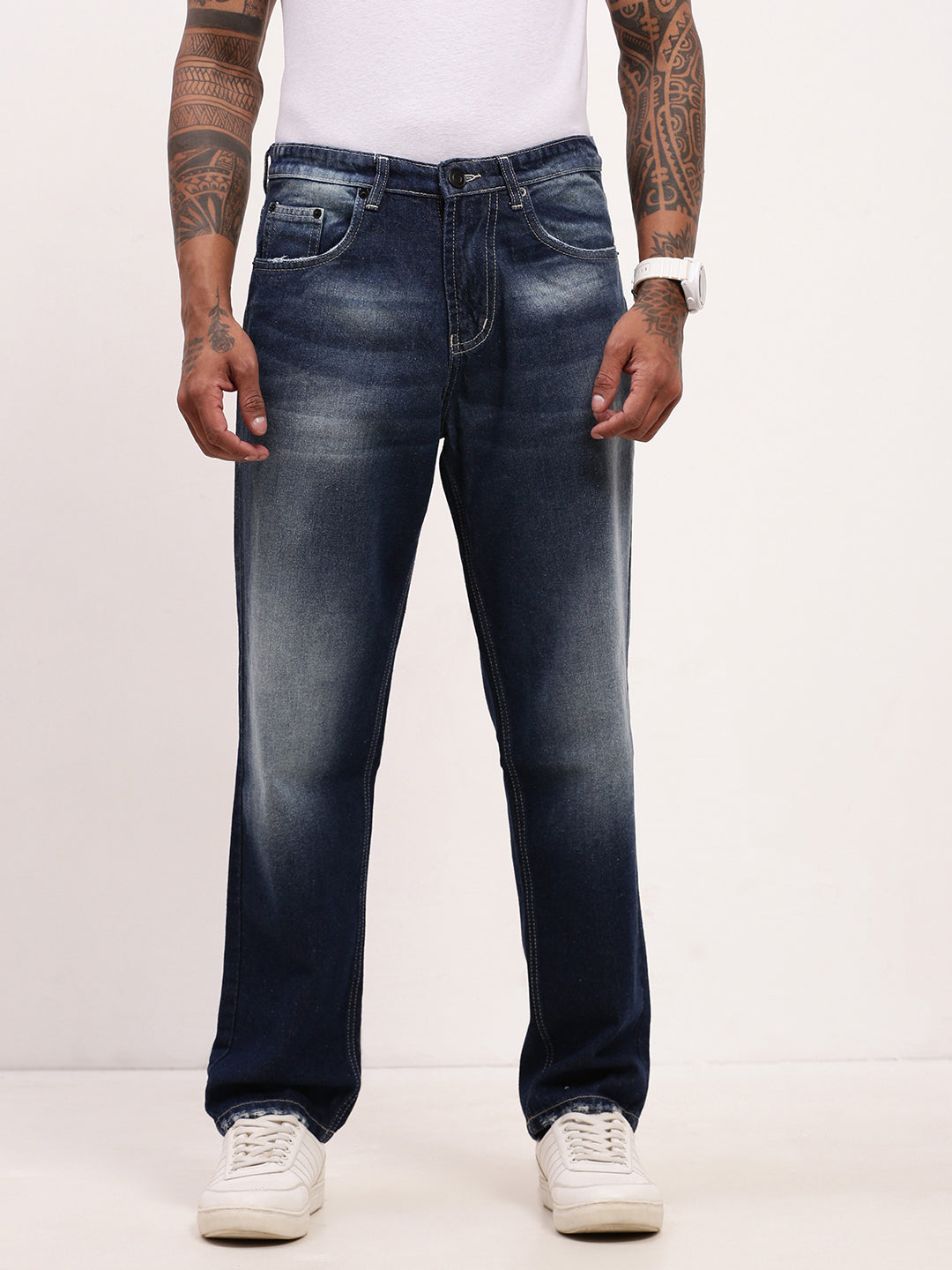 Men Blue Solid Straight Fit Jeans