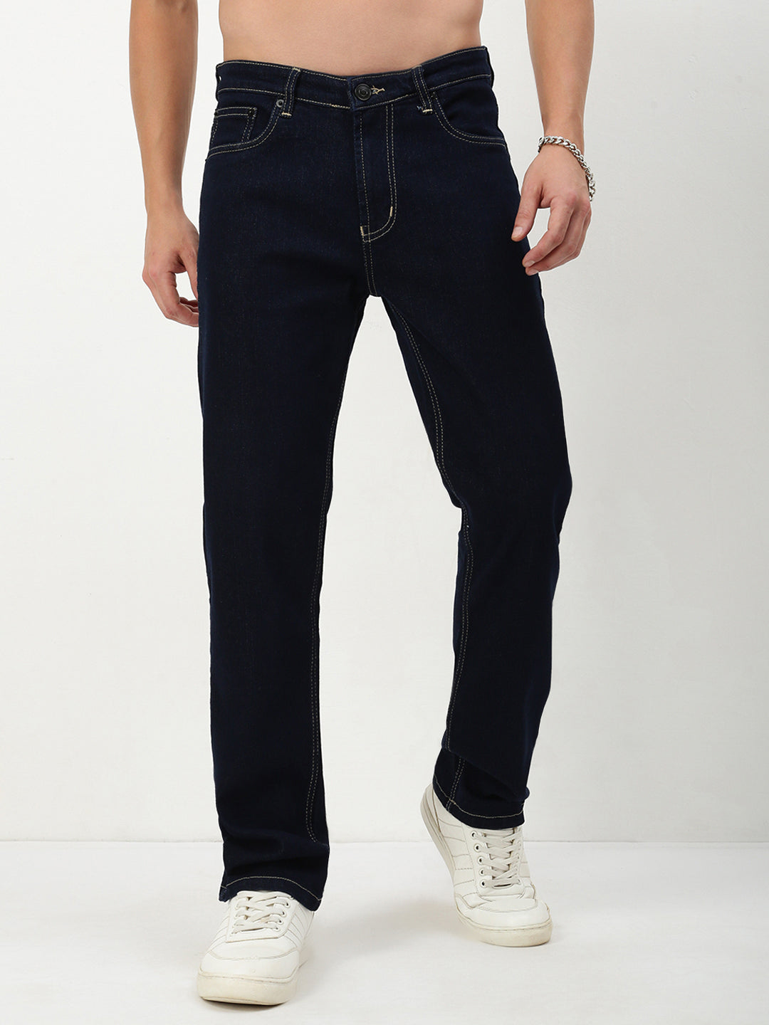 Men Navy Blue Solid Straight Fit Jeans