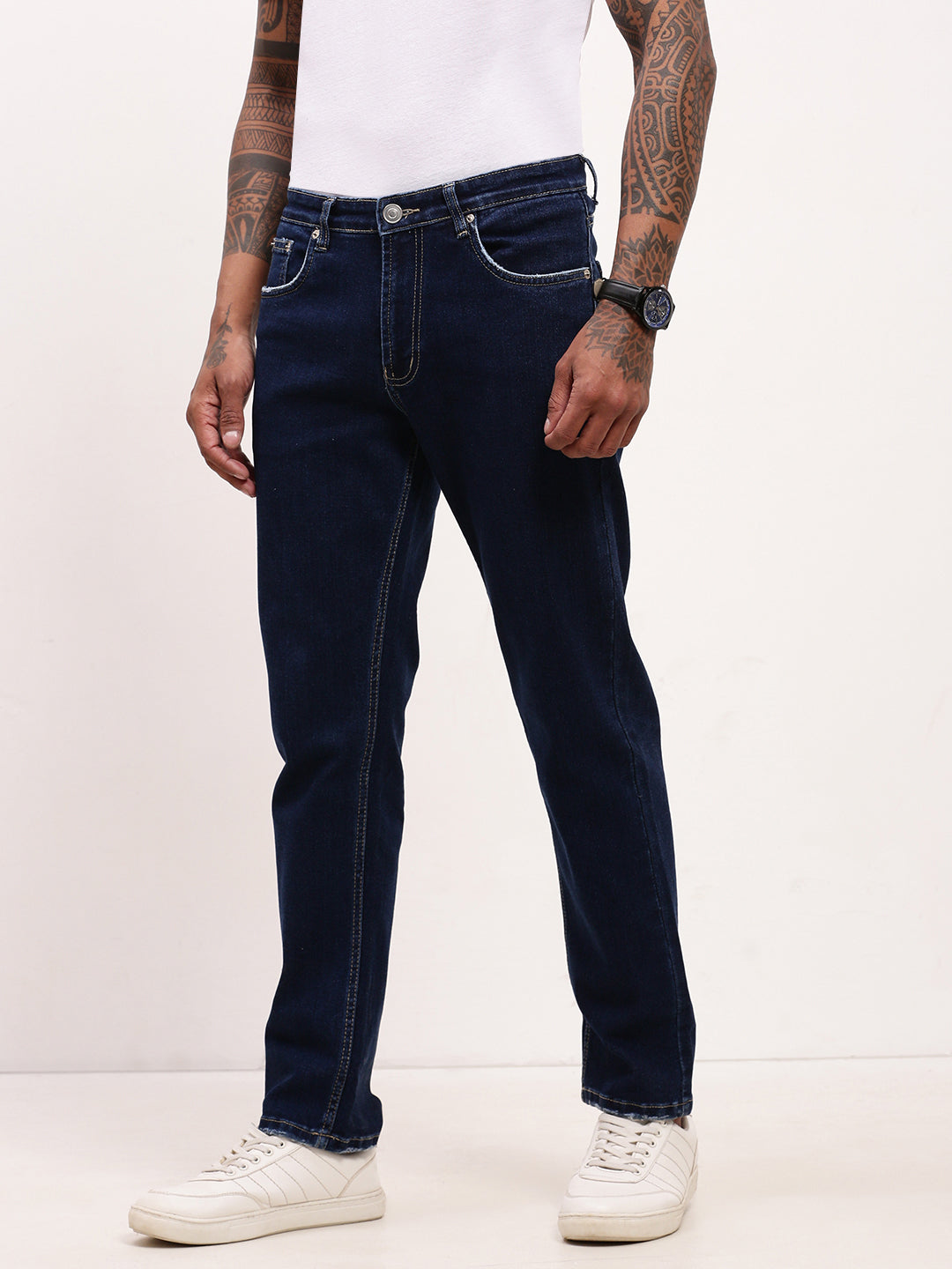 Men Navy Blue Solid Straight Fit Jeans