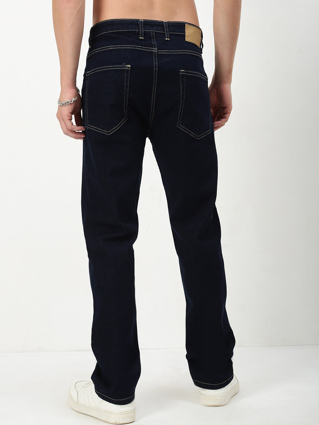 Men Navy Blue Solid Straight Fit Jeans