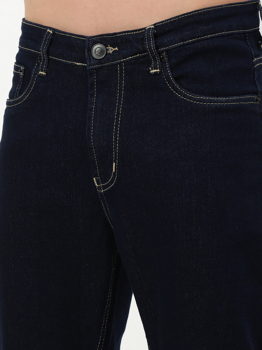 Men Navy Blue Solid Straight Fit Jeans