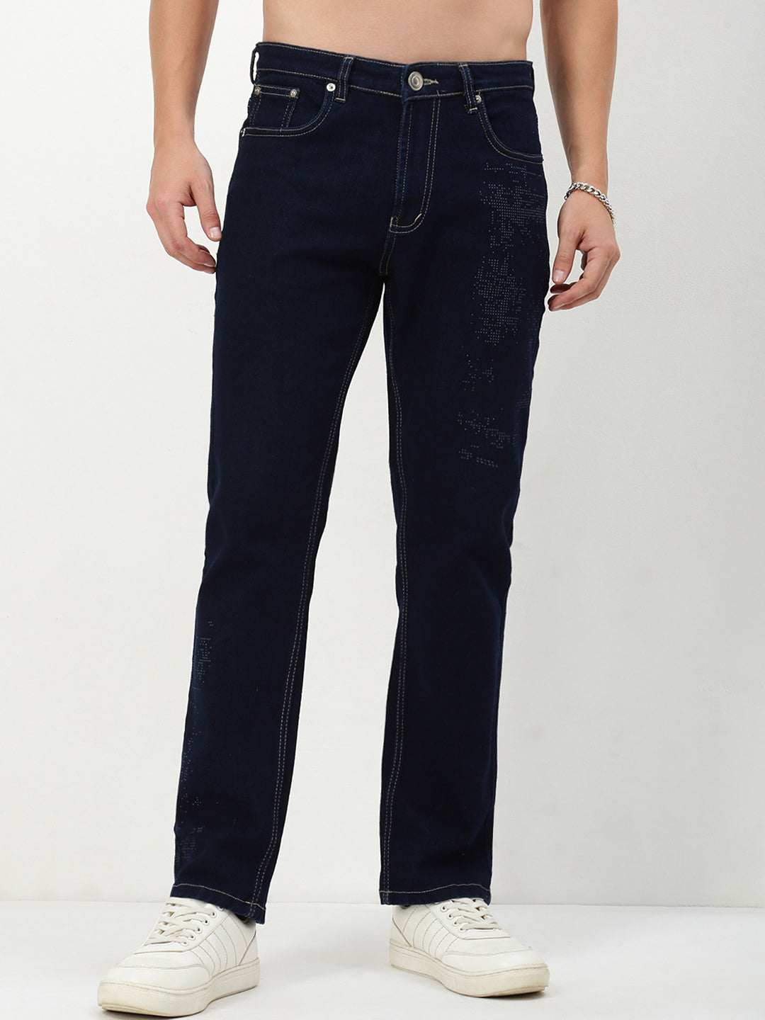 Men Navy Blue Solid Straight Fit Jeans