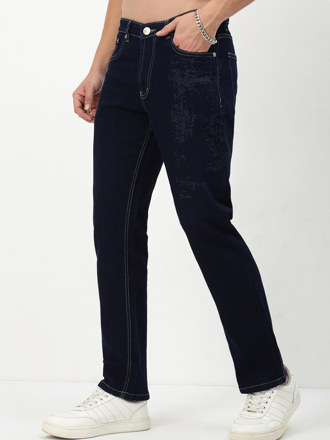 Men Navy Blue Solid Straight Fit Jeans