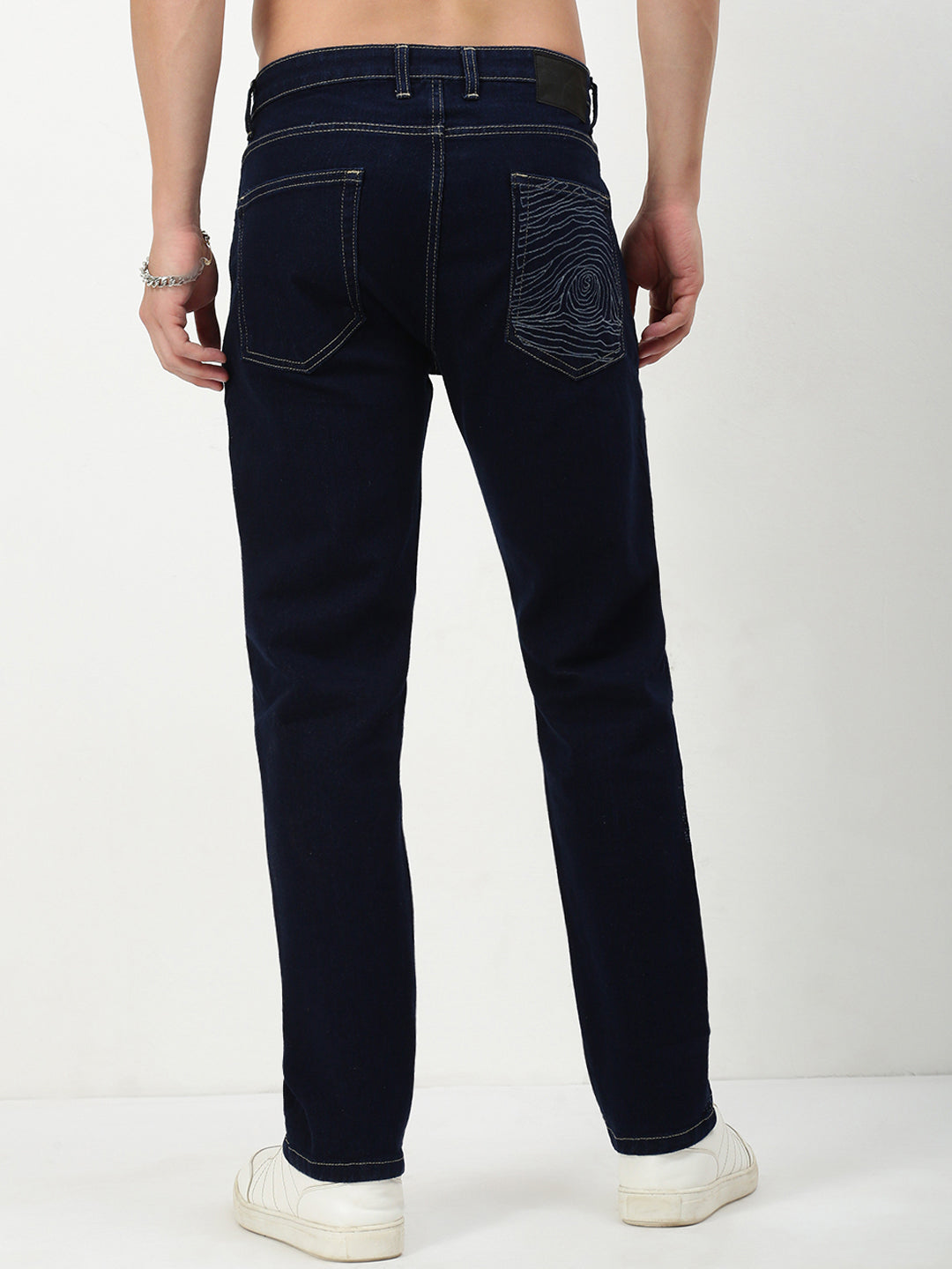 Men Navy Blue Solid Straight Fit Jeans