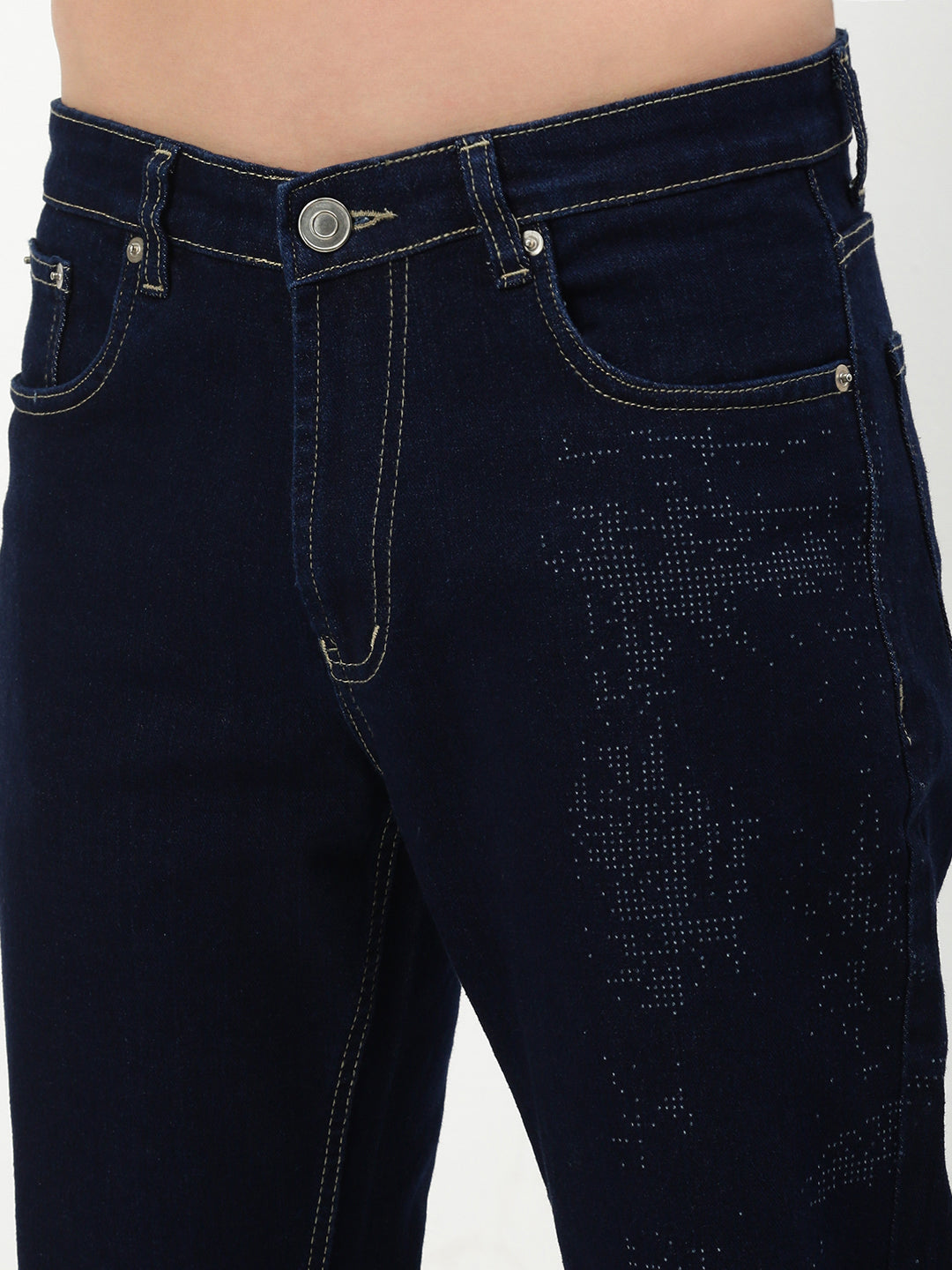 Men Navy Blue Solid Straight Fit Jeans