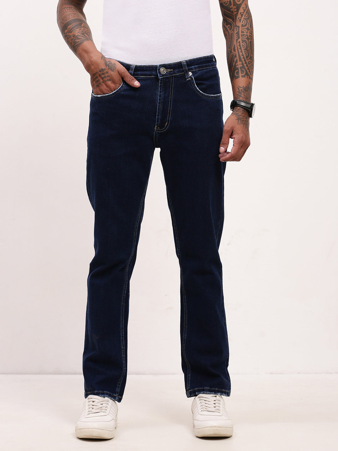 Men Navy Blue Solid Straight Fit Jeans