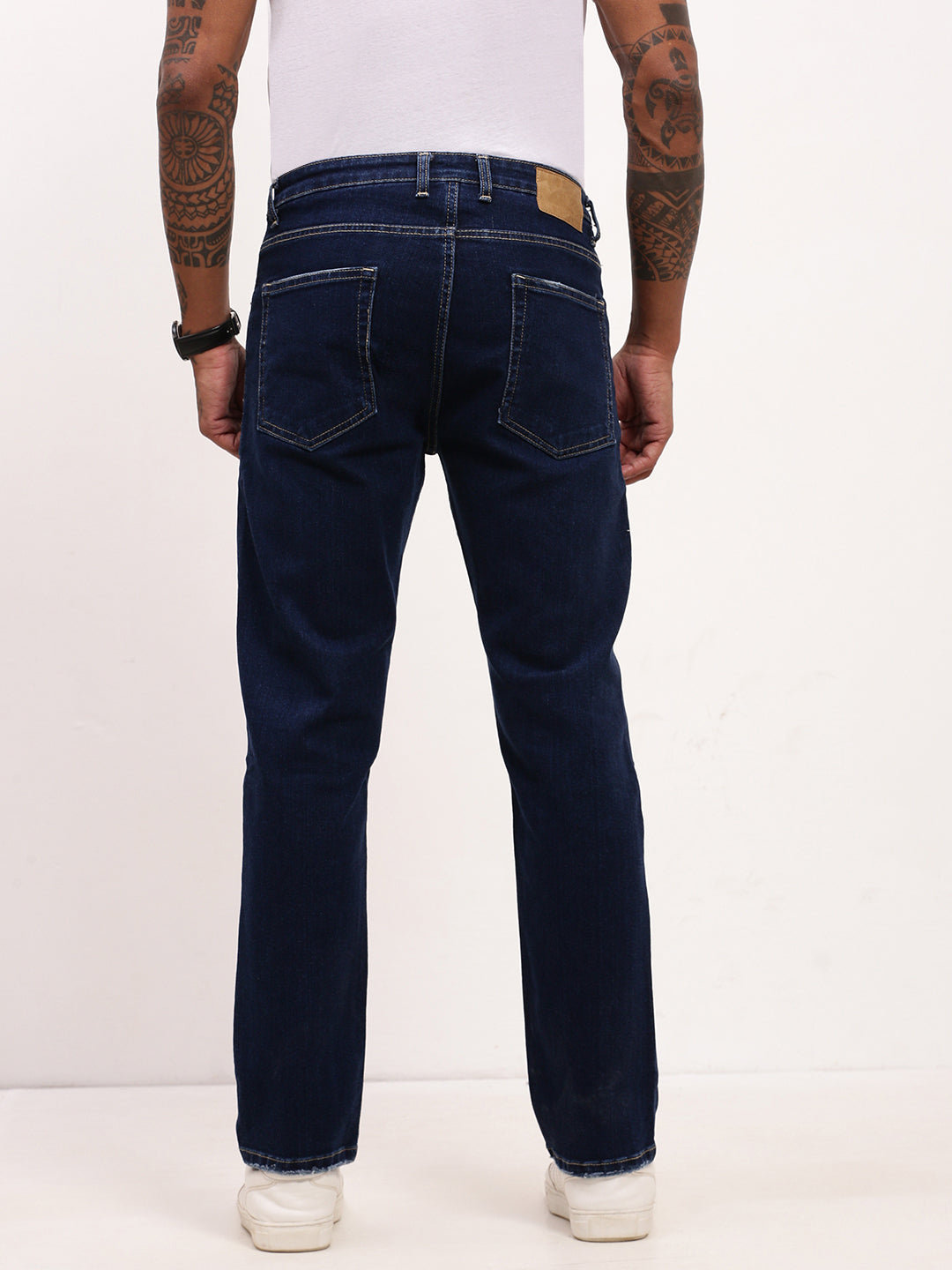 Men Navy Blue Solid Straight Fit Jeans