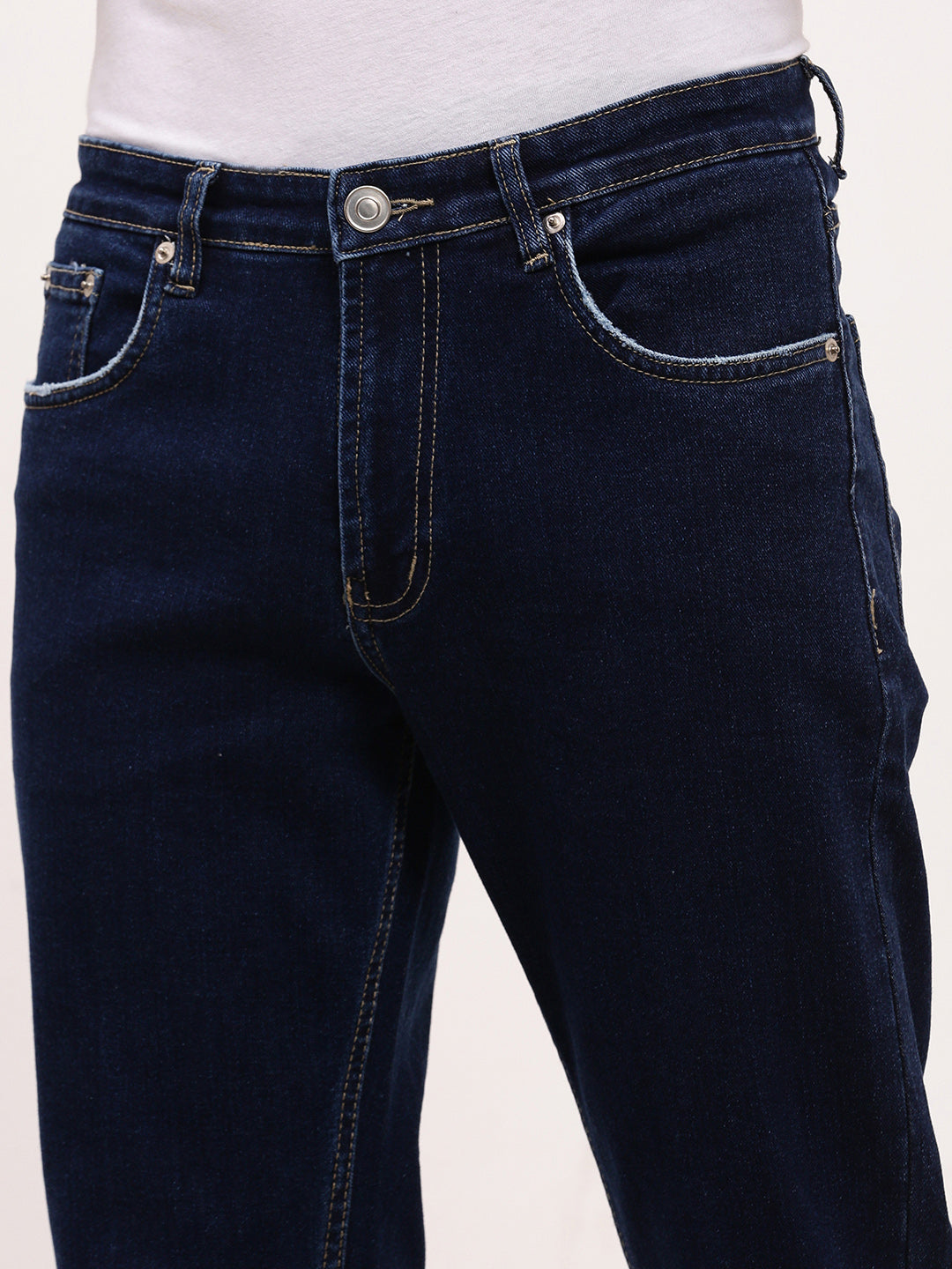 Men Navy Blue Solid Straight Fit Jeans