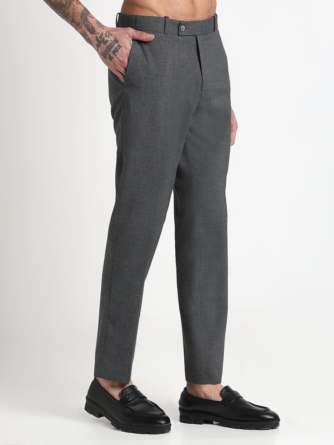 Men's Grey Solid Slim Fit Formal Trousers