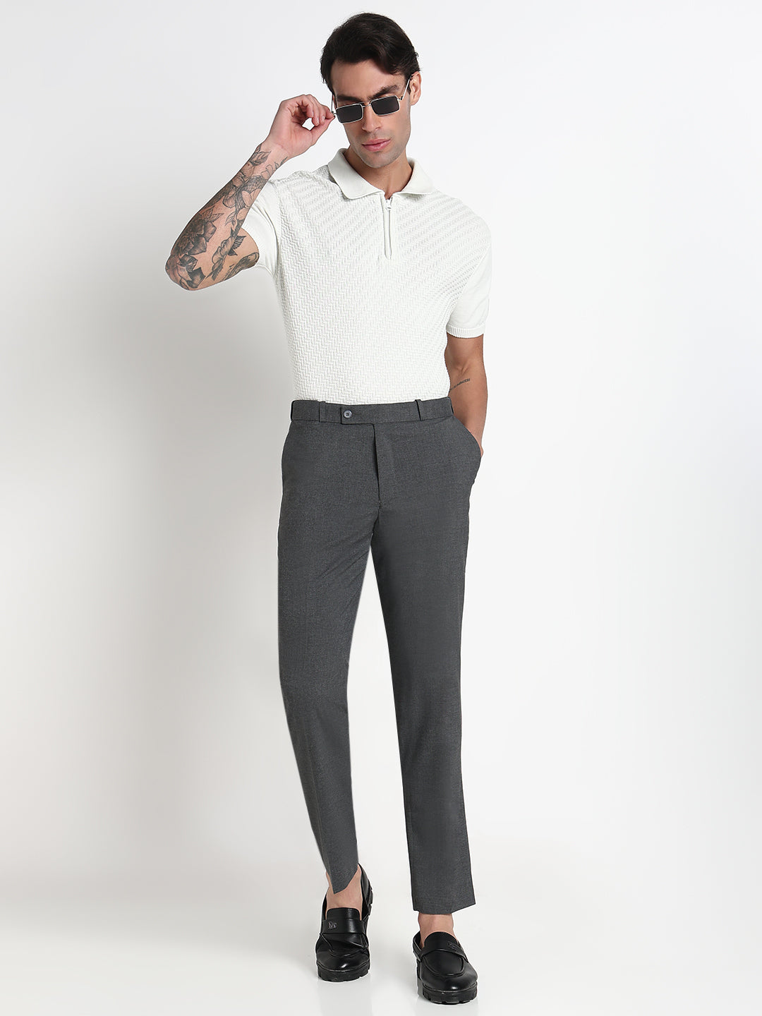 Men's Grey Solid Slim Fit Formal Trousers