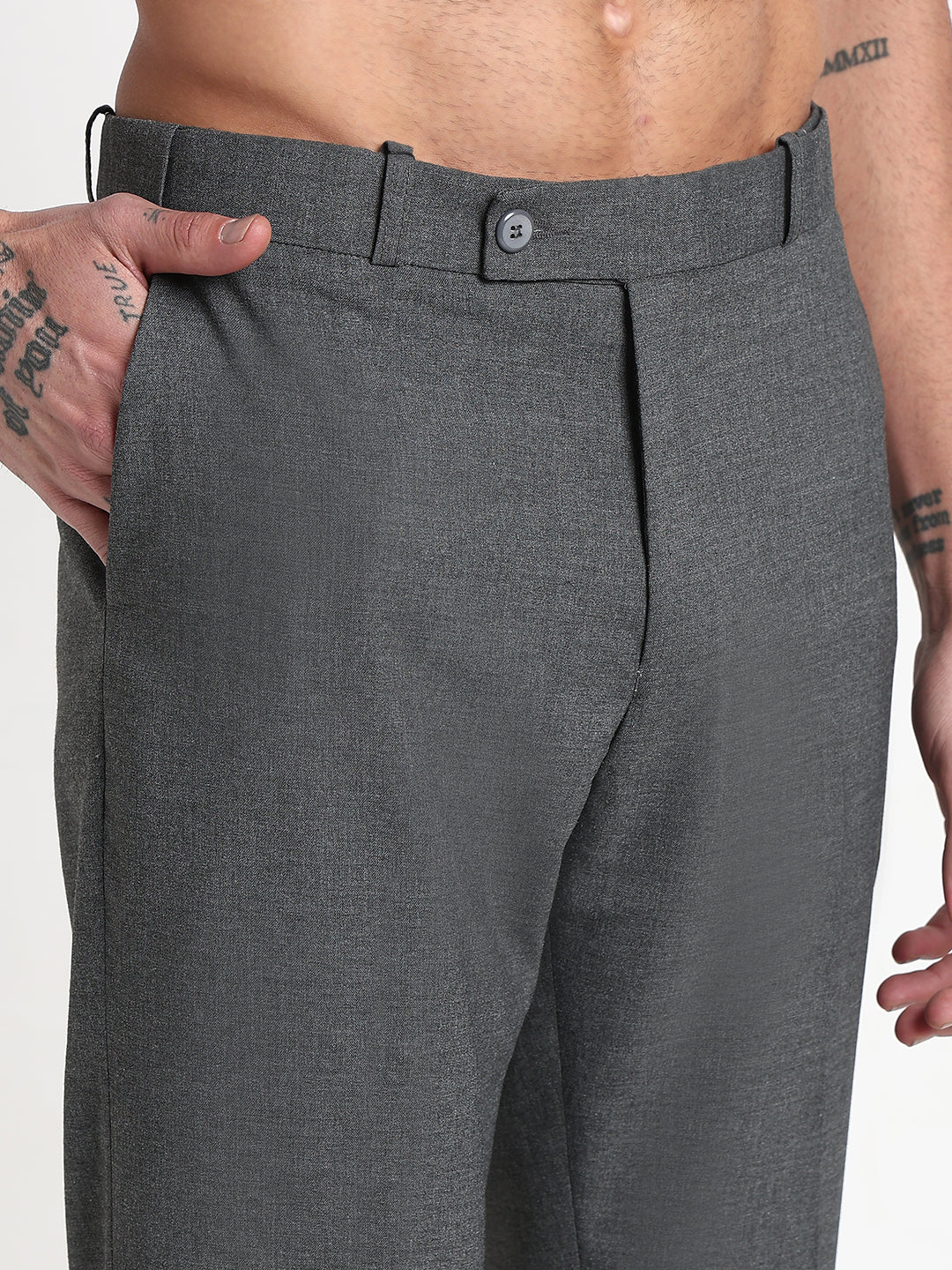 Men's Grey Solid Slim Fit Formal Trousers