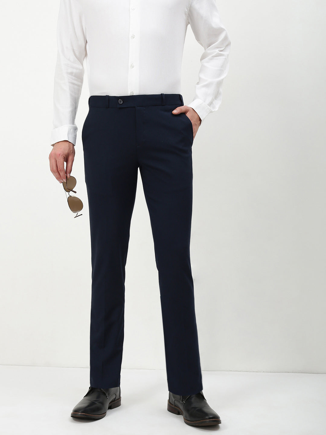 Men Navy Blue Solid Slim Fit Formal Trousers