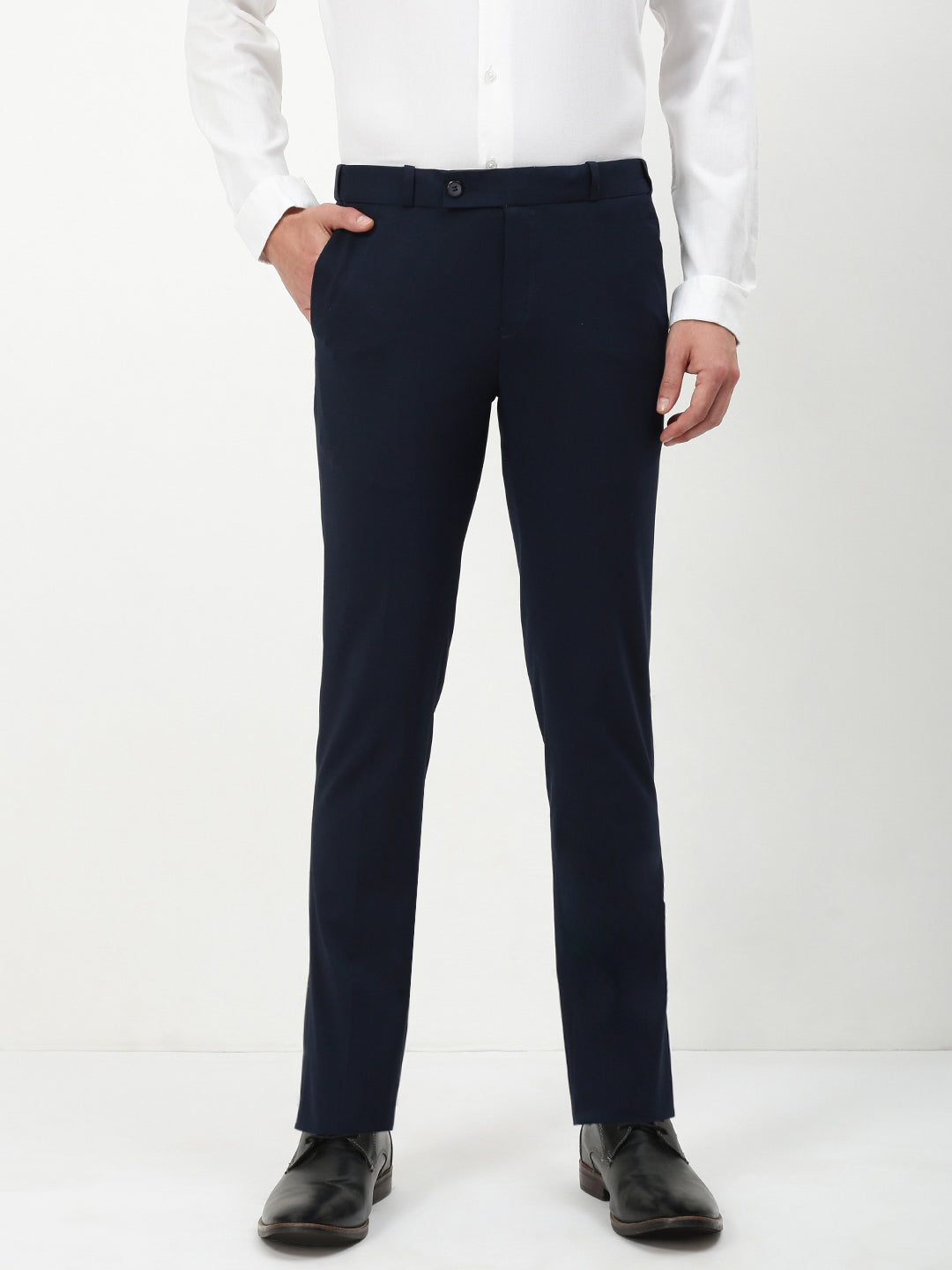 Men Navy Blue Solid Slim Fit Formal Trousers