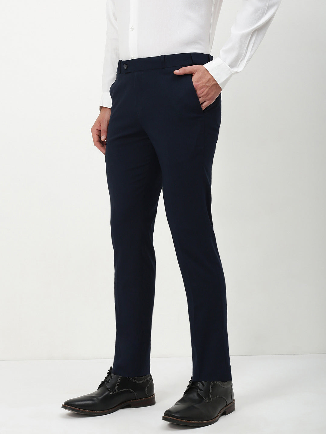 Men Navy Blue Solid Slim Fit Formal Trousers