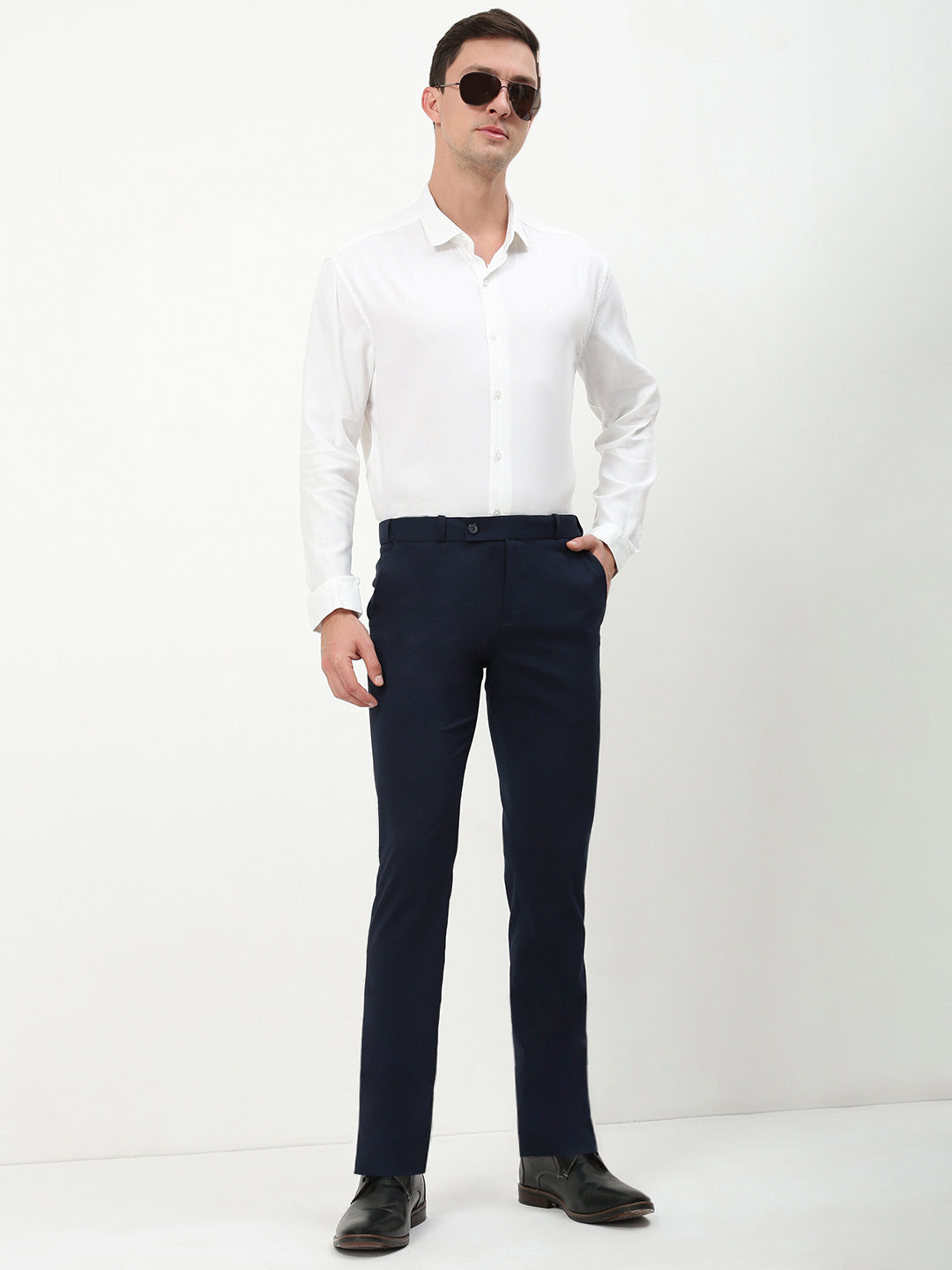 Men Navy Blue Solid Slim Fit Formal Trousers