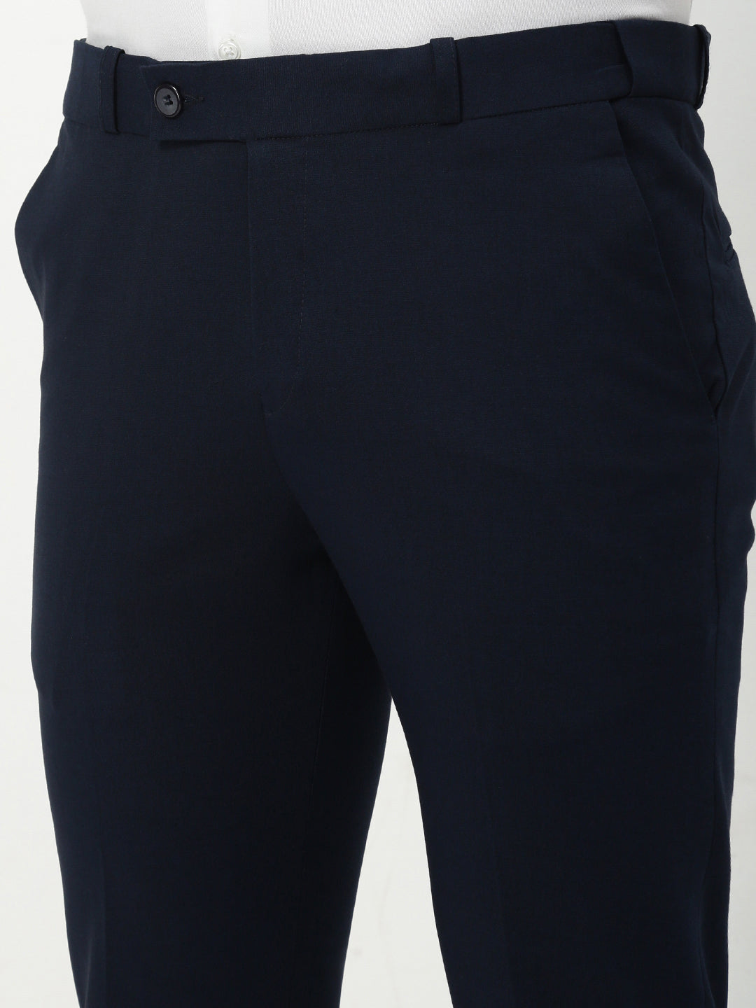 Men Navy Blue Solid Slim Fit Formal Trousers