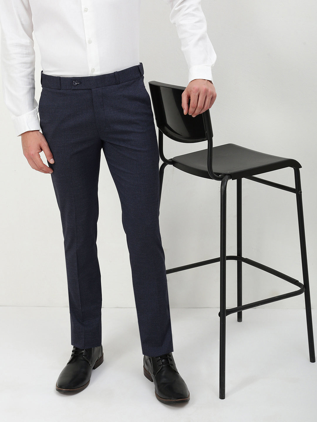 Men Navy Blue Solid Slim Fit Formal Trousers