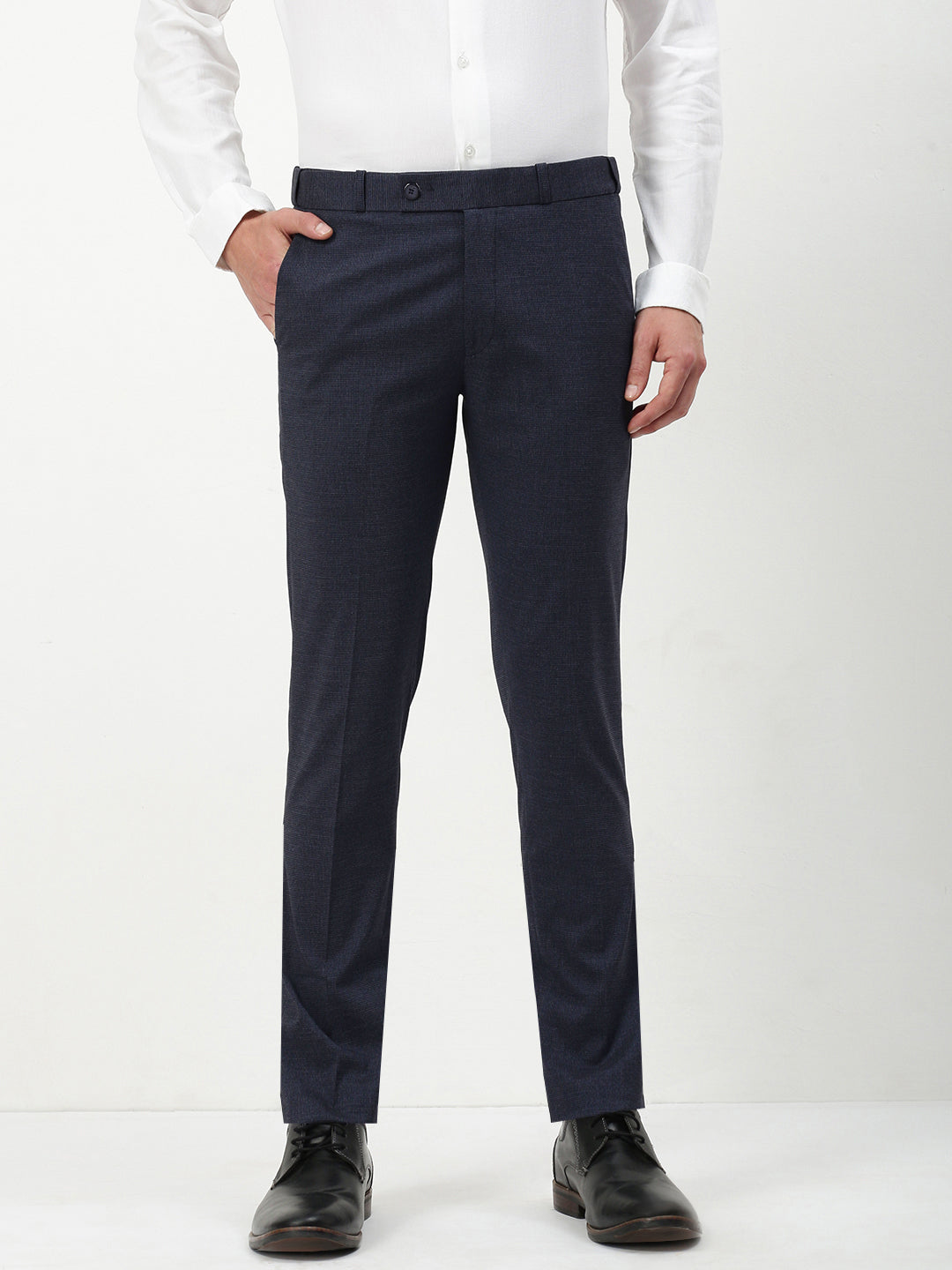 Men Navy Blue Solid Slim Fit Formal Trousers