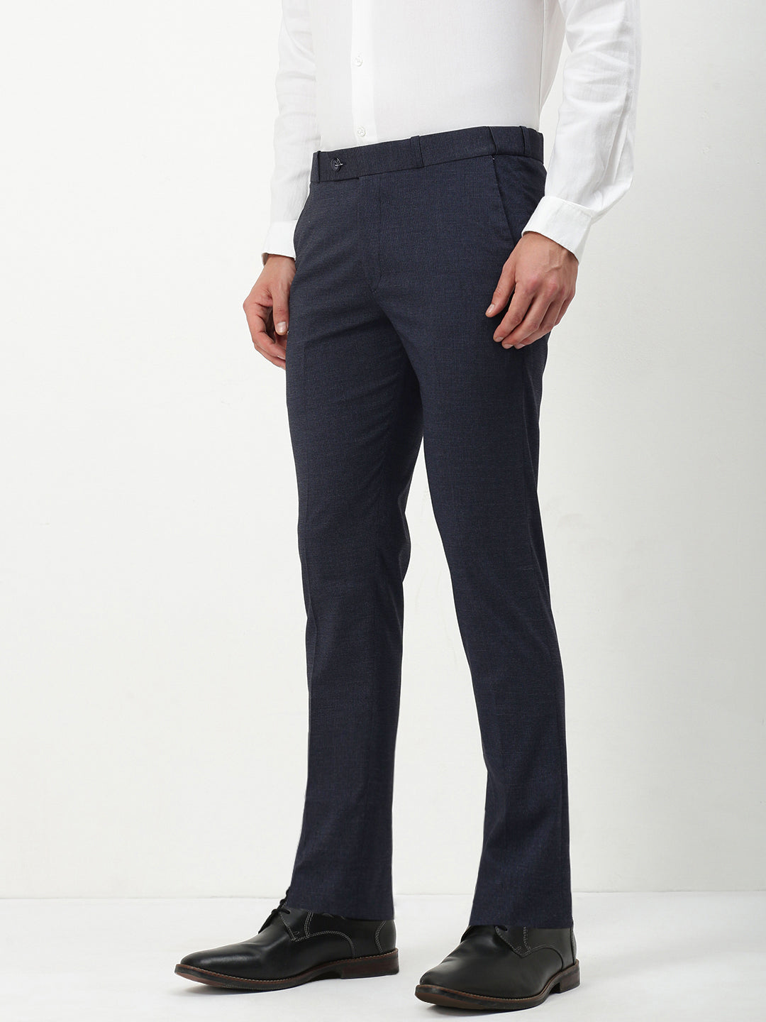 Men Navy Blue Solid Slim Fit Formal Trousers