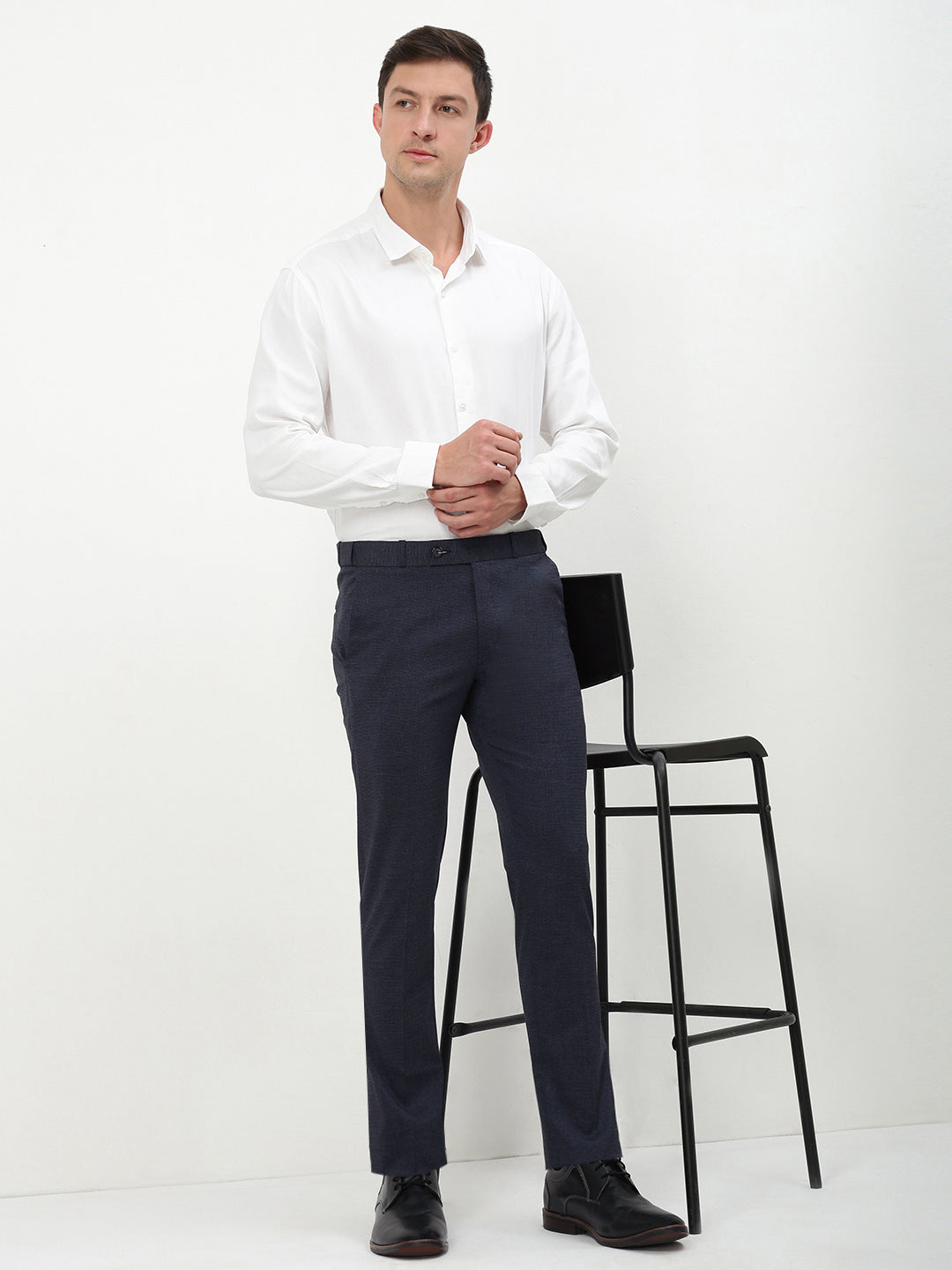 Men Navy Blue Solid Slim Fit Formal Trousers