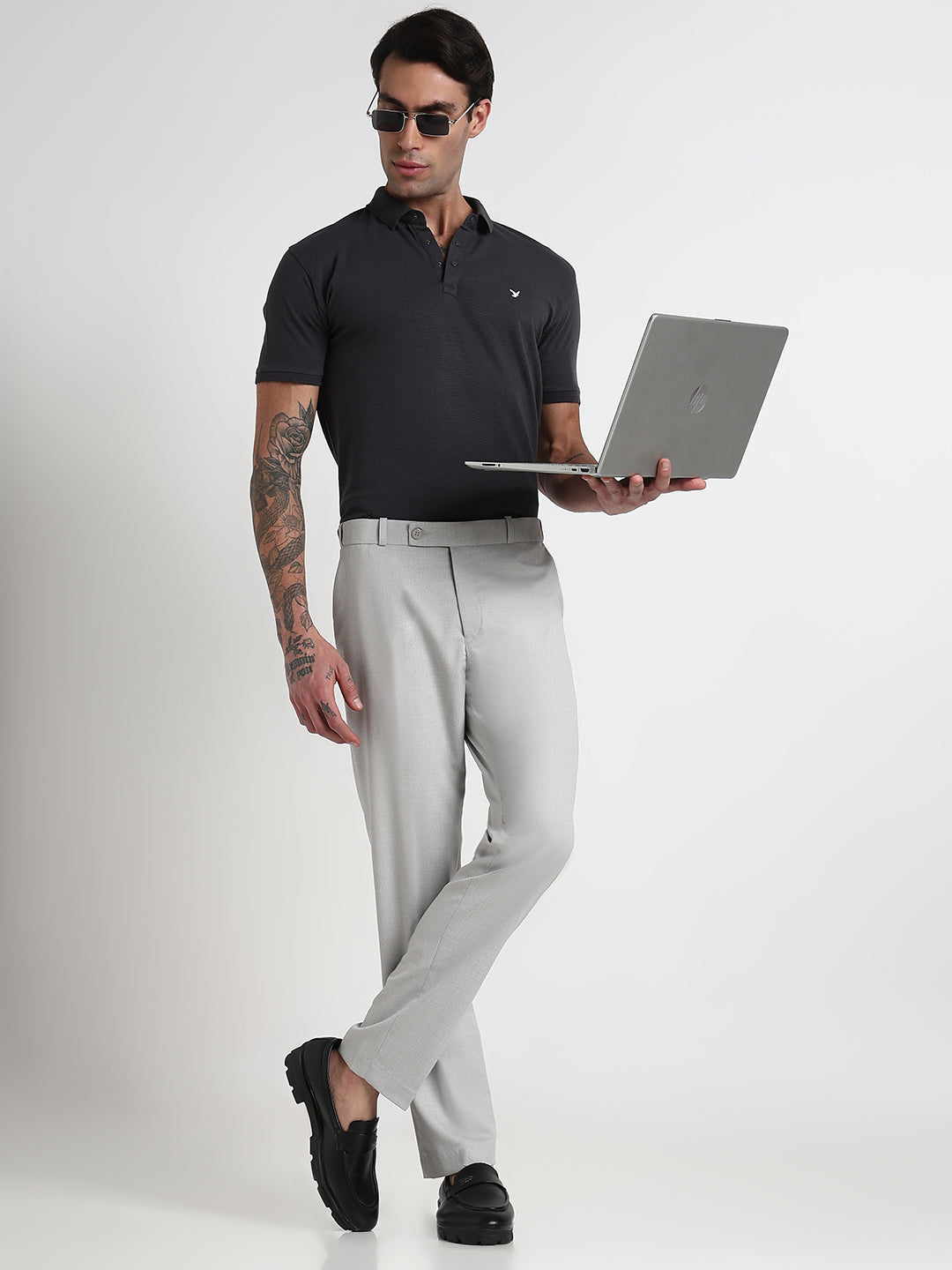Men's Grey Solid Slim Fit Formal Trousers