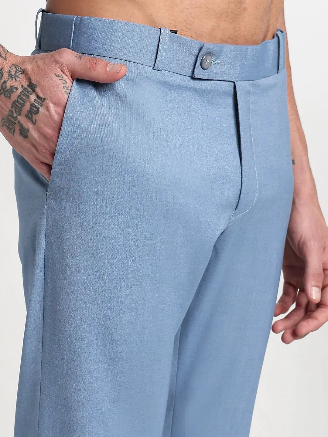 Shop Men's Blue Solid Slim Fit Formal Trousers | Showoffff