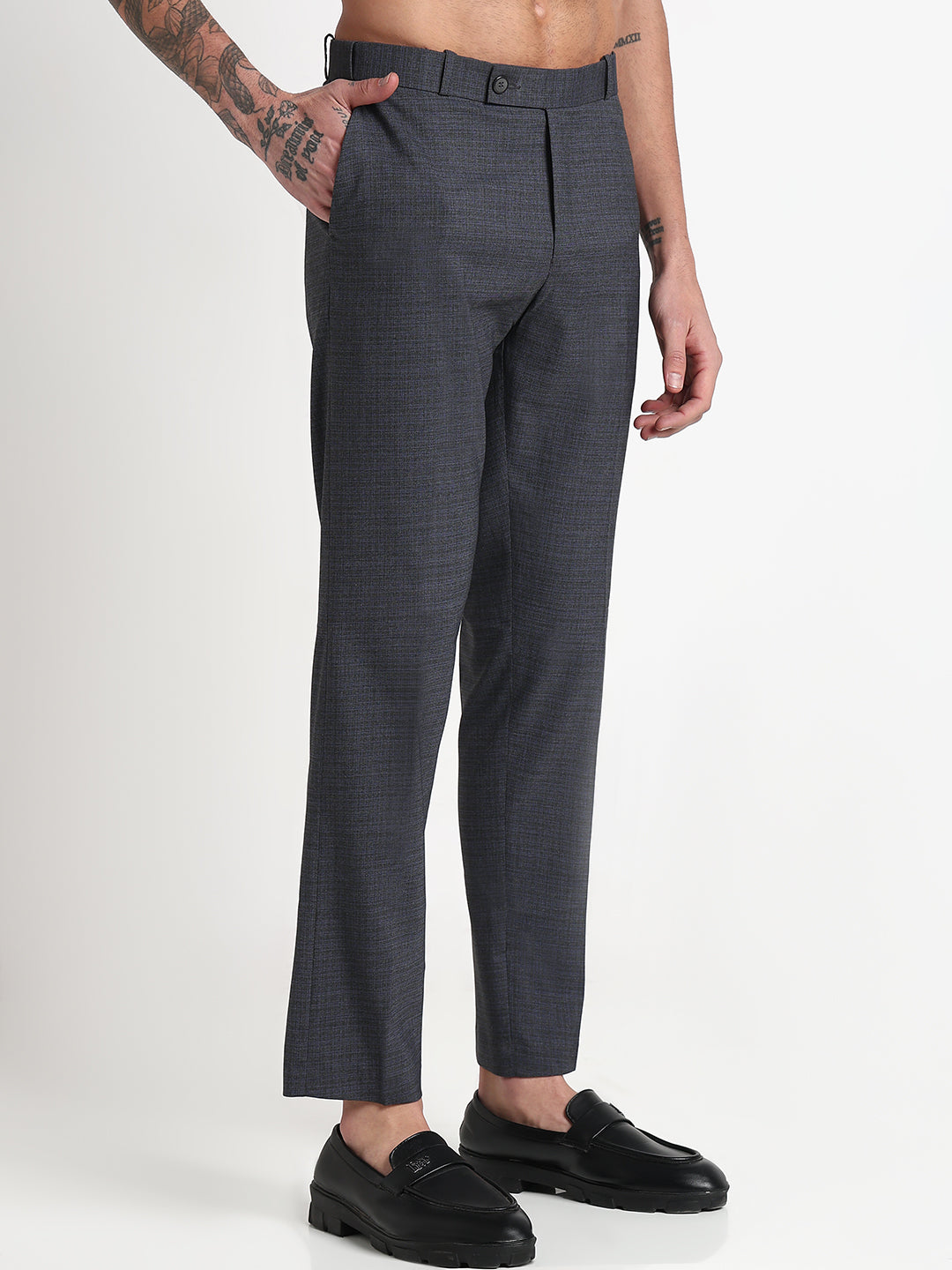 Men's Grey Solid Slim Fit Formal Trousers