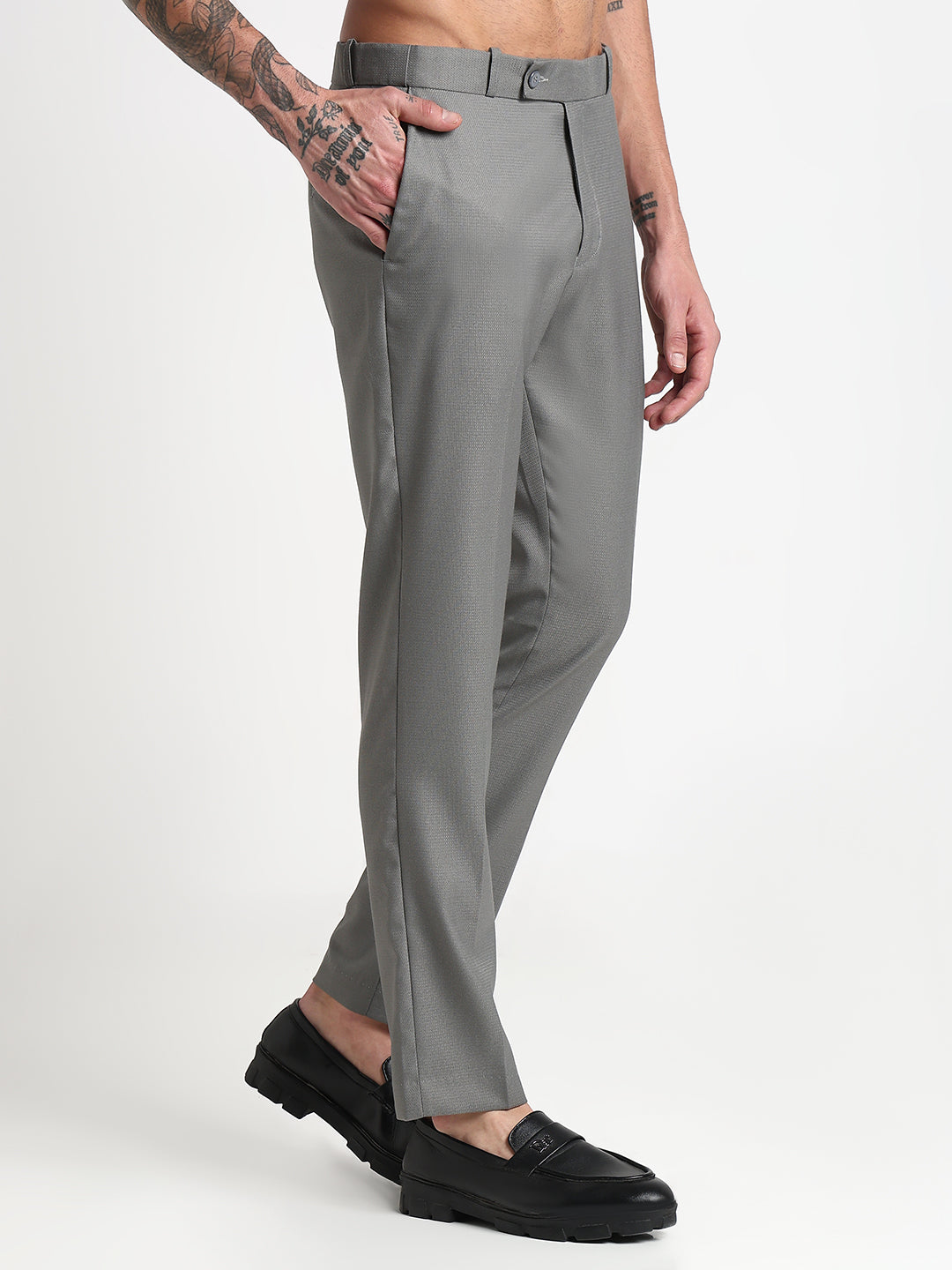 Men's Grey Solid Slim Fit Formal Trousers