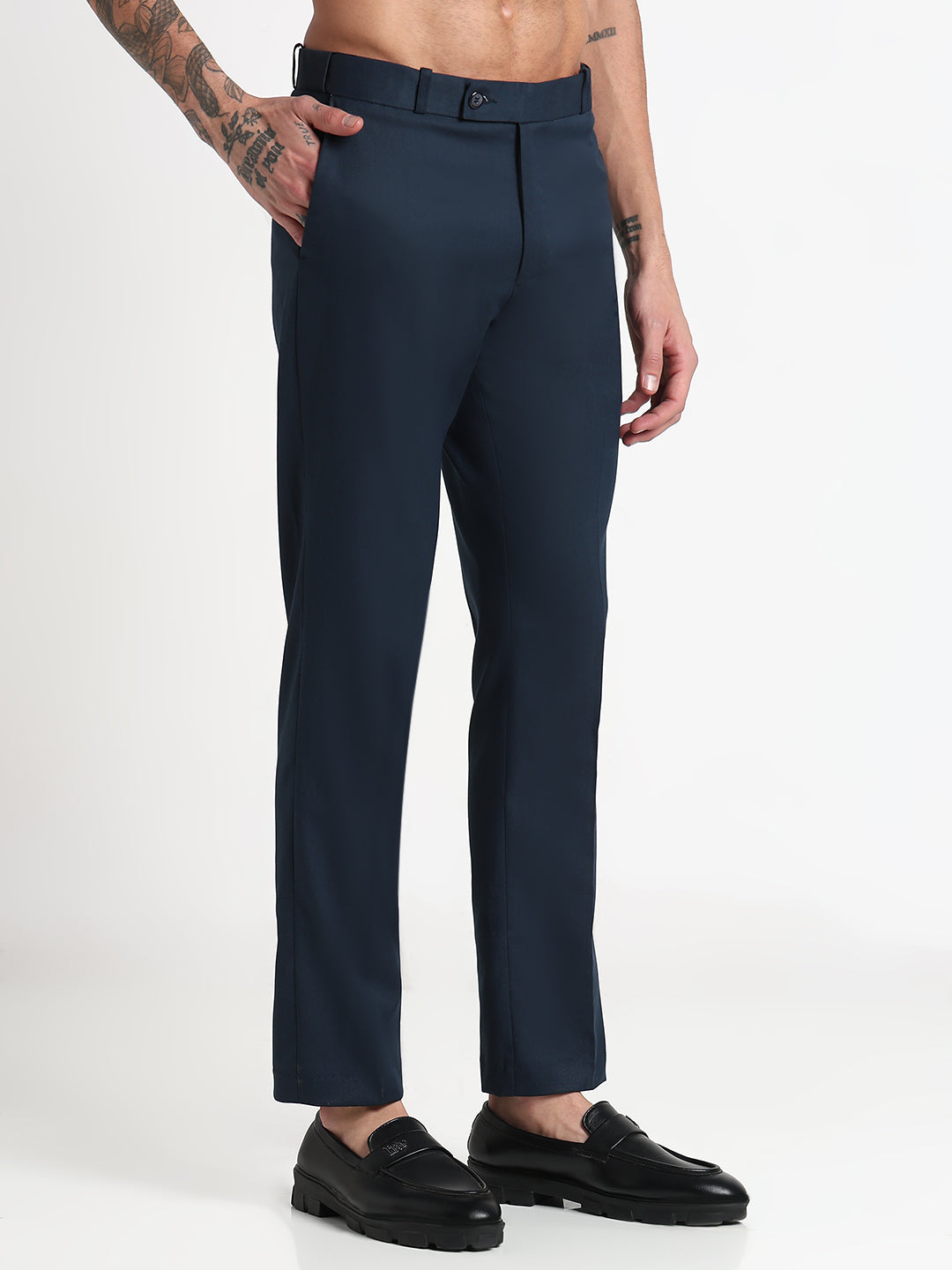 Men's Blue Solid Slim Fit Formal Trousers