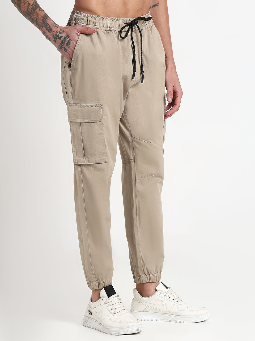 Men's Beige Solid Cargo Joggers