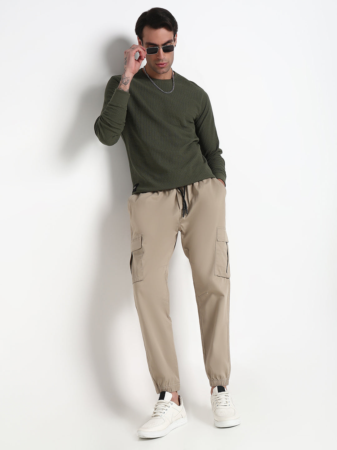 Men's Beige Solid Cargo Joggers