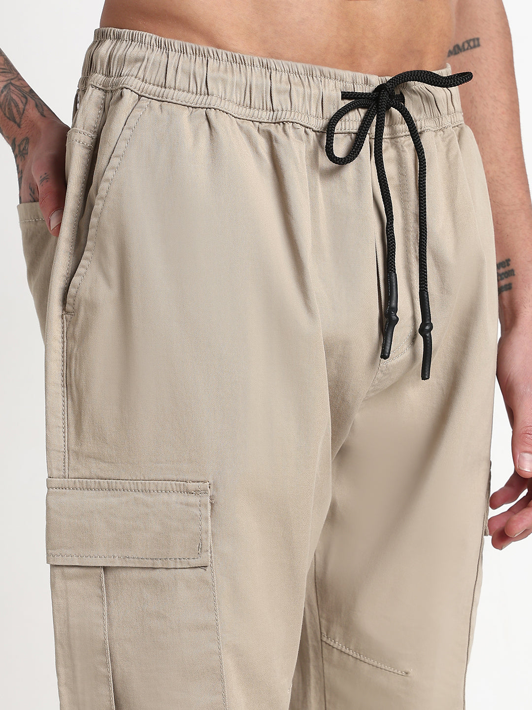 Men's Beige Solid Cargo Joggers